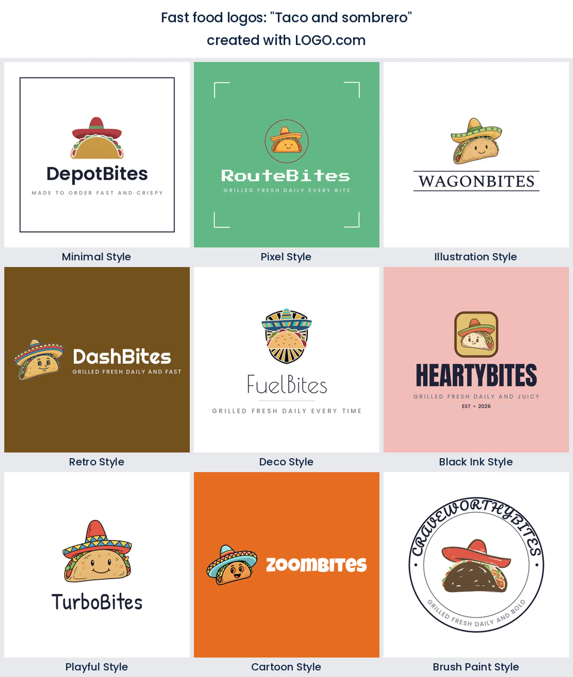 Taco and sombrero logo in nine styles.