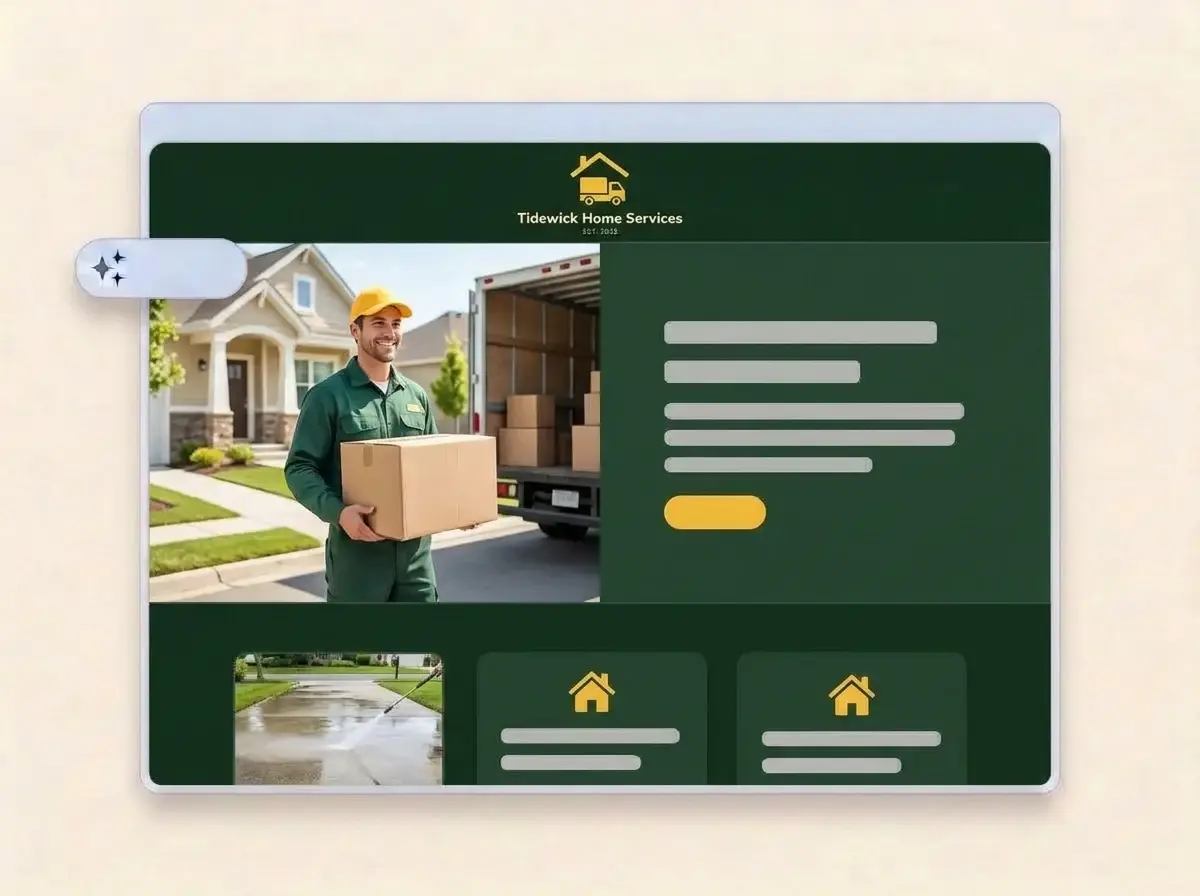 Finished Tidewick Home Services website built by LOGO.com from the uploaded logo, with a worker carrying a box to a truck in the hero and a pressure washed driveway thumbnail