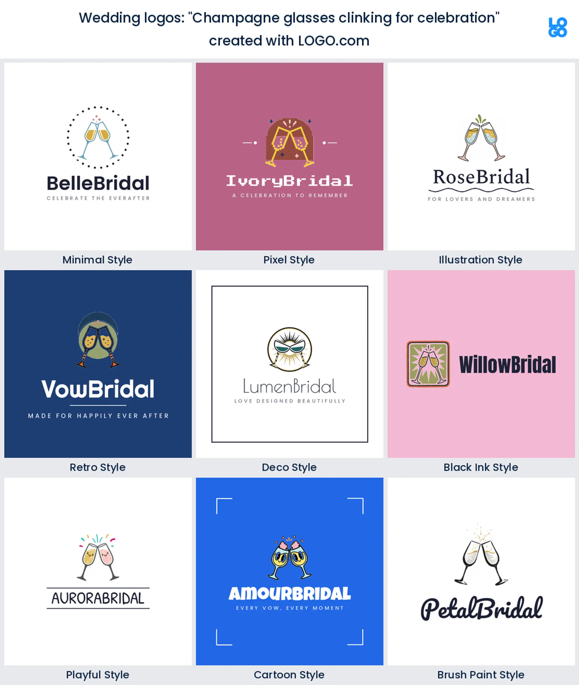 Champagne glasses clinking for celebration, a wedding logo idea shown in nine LOGO.com styles