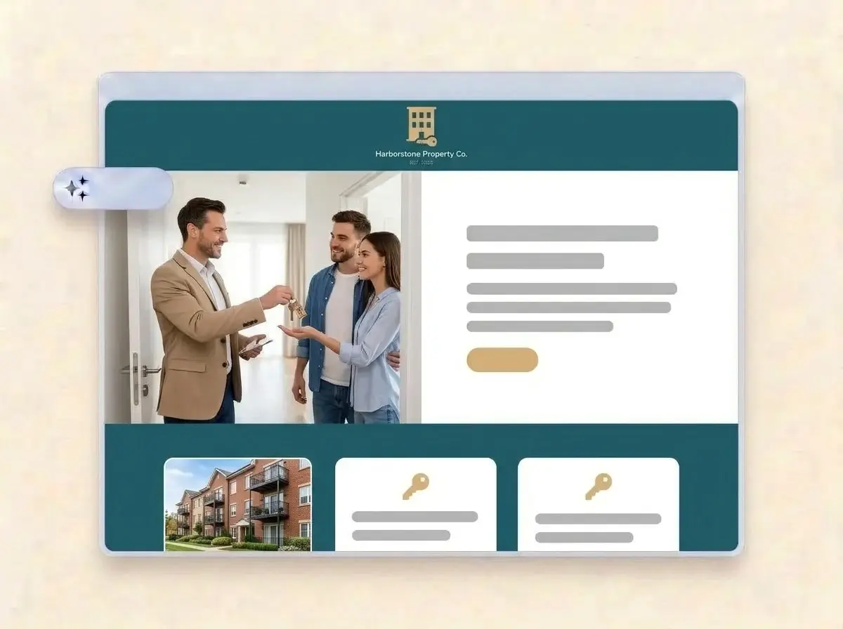 Finished Harborstone Property Co. website built by LOGO.com from the uploaded logo, with a property manager handing keys to new tenants in the hero and an apartment building thumbnail