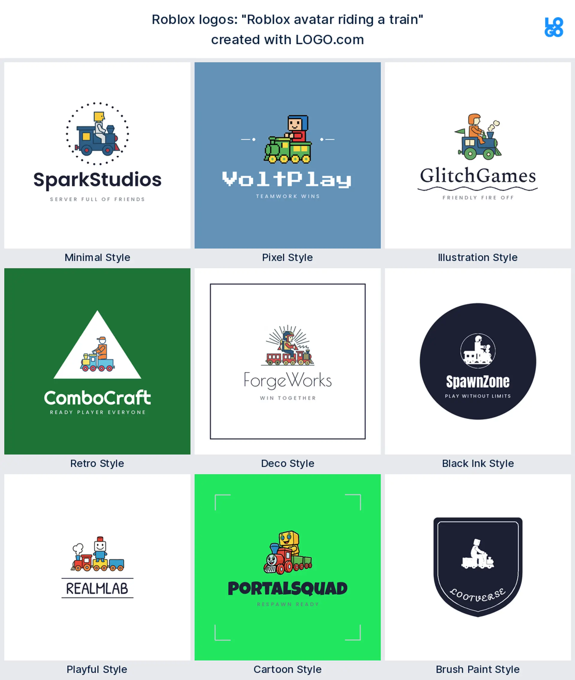 Roblox logos built from the founder prompt "Roblox avatar riding a train"