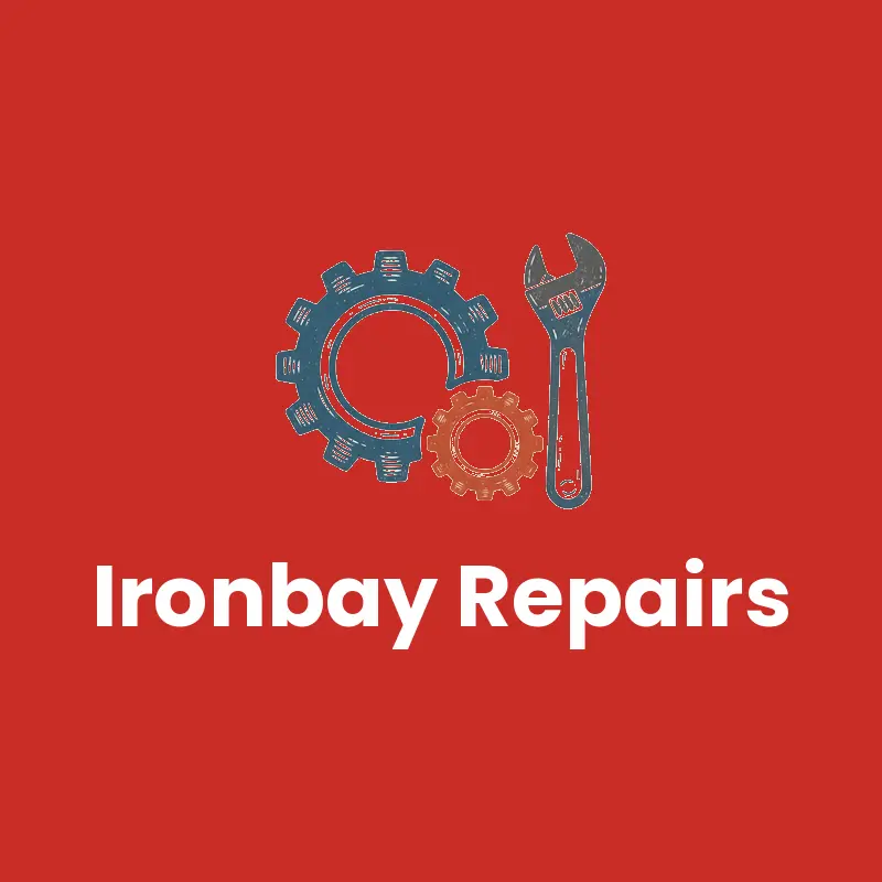 Linocut style garage logo with engine gears and a wrench