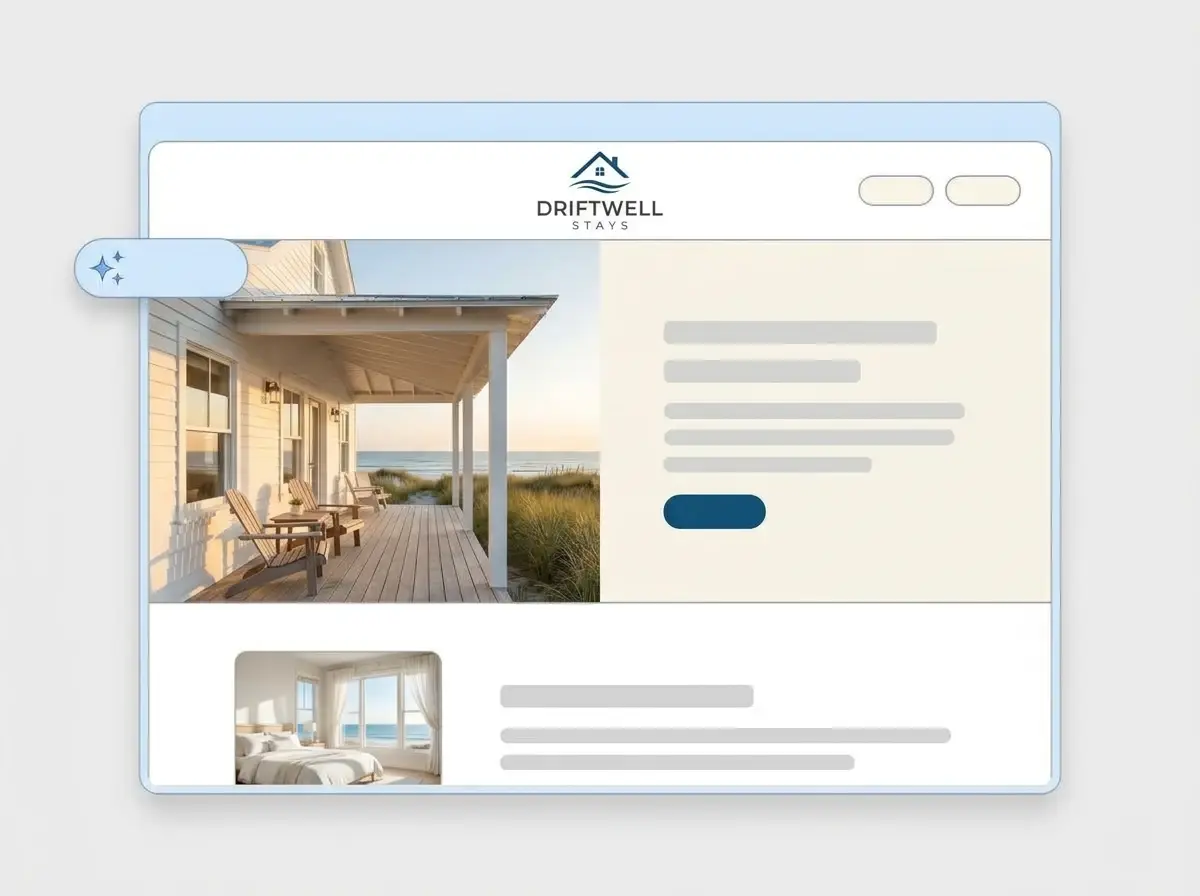 Finished Driftwell Stays vacation rental website built by LOGO.com from the uploaded logo, with a white beach house on the dunes in the hero and a sea view bedroom thumbnail