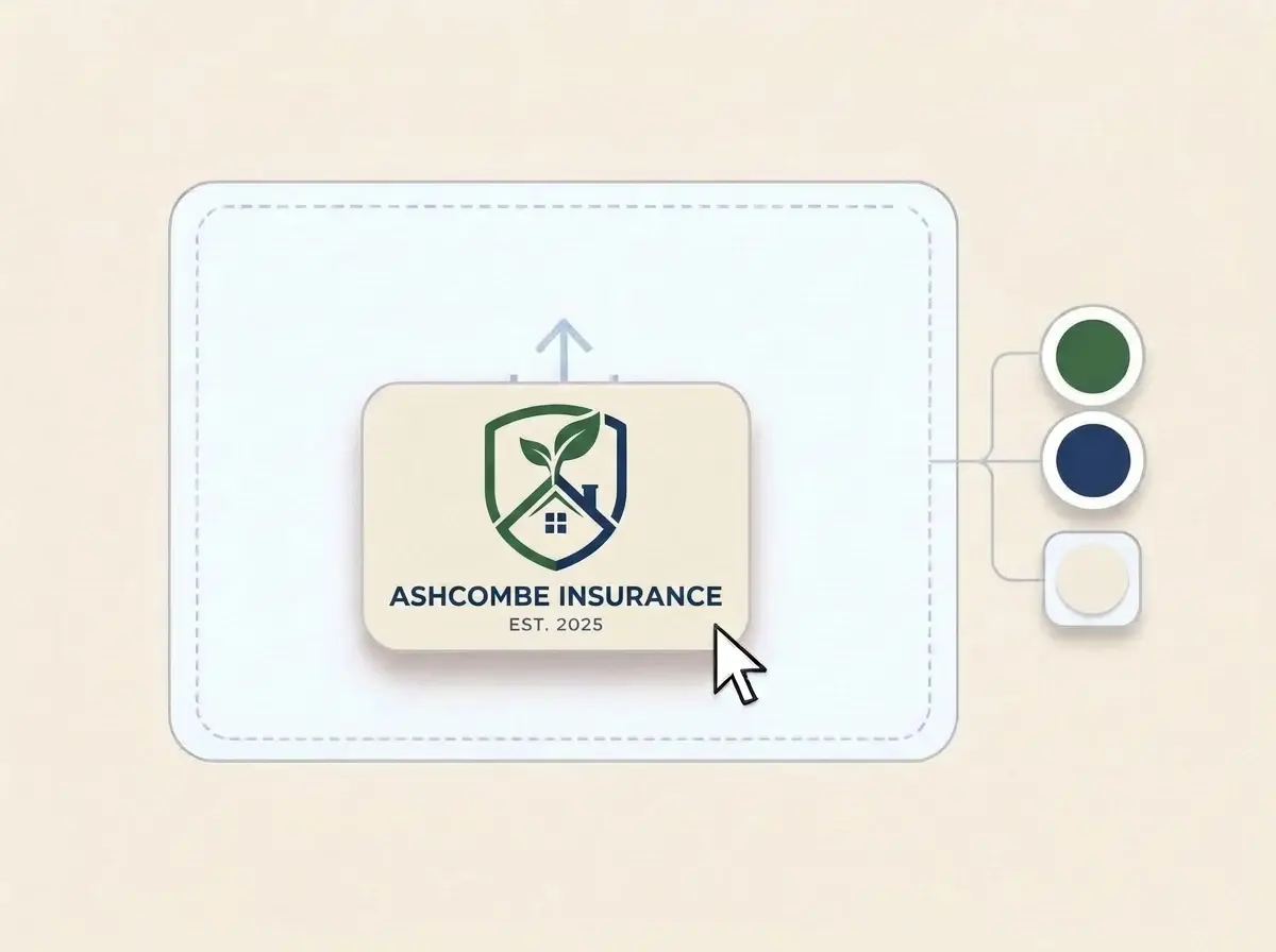 Ashcombe Insurance logo, a rounded shield around a house roof and a sprouting leaf in forest green and navy, dropped into the LOGO.com upload box with its colors picked out