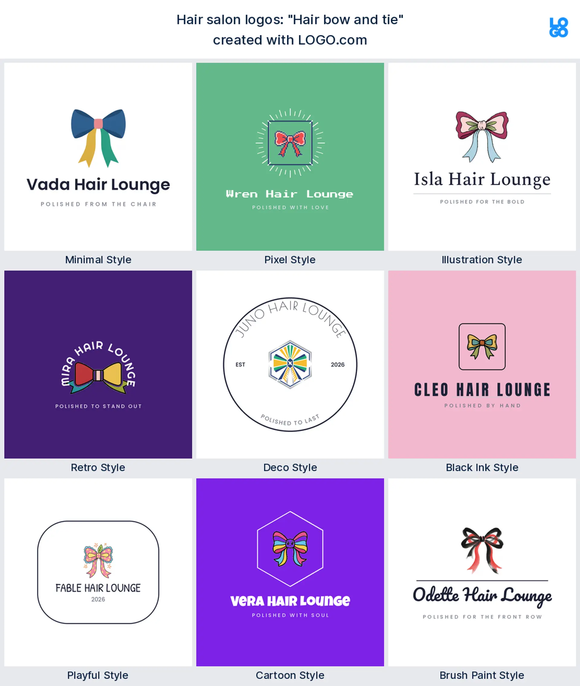 The "Hair bow and tie" hair salon logo idea shown across nine LOGO.com styles