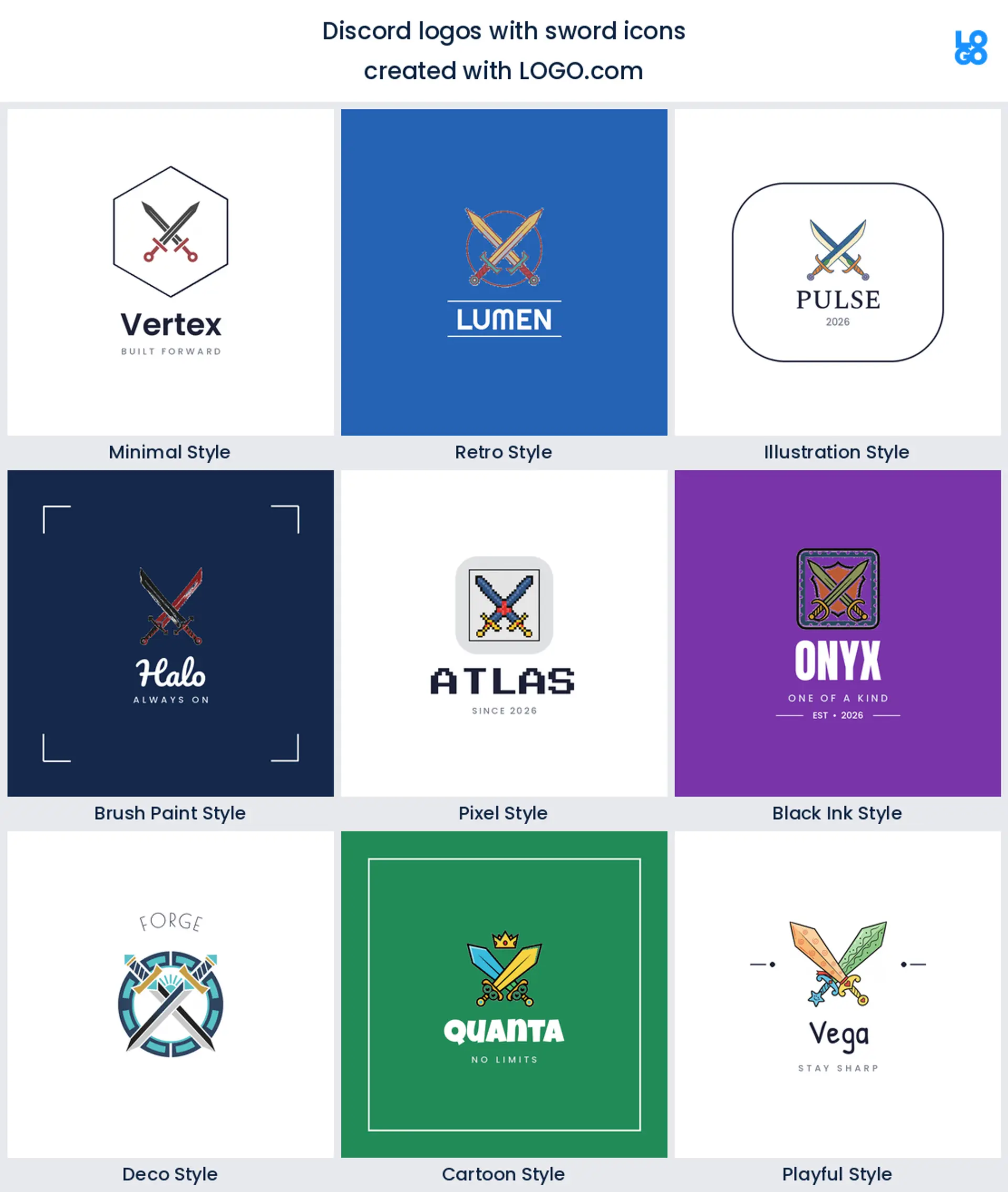 Sword discord server logo shown in nine LOGO.com styles