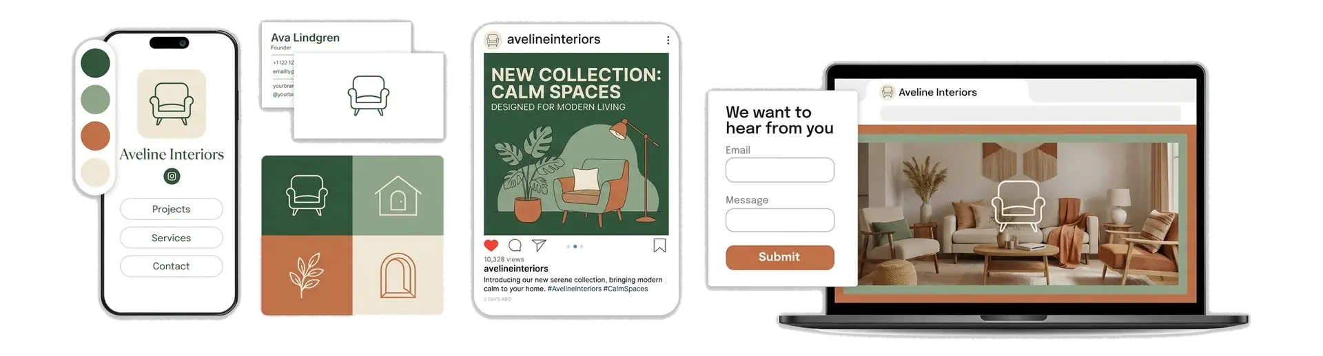 An interior design logo maker showing a studio brand across a website, business cards, and a mobile app
