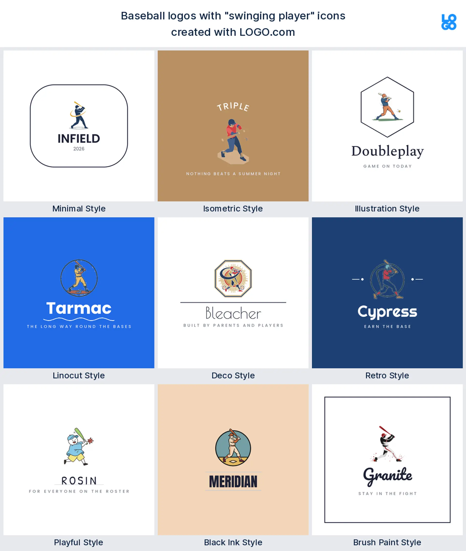 Swinging player logo shown in nine LOGO.com styles