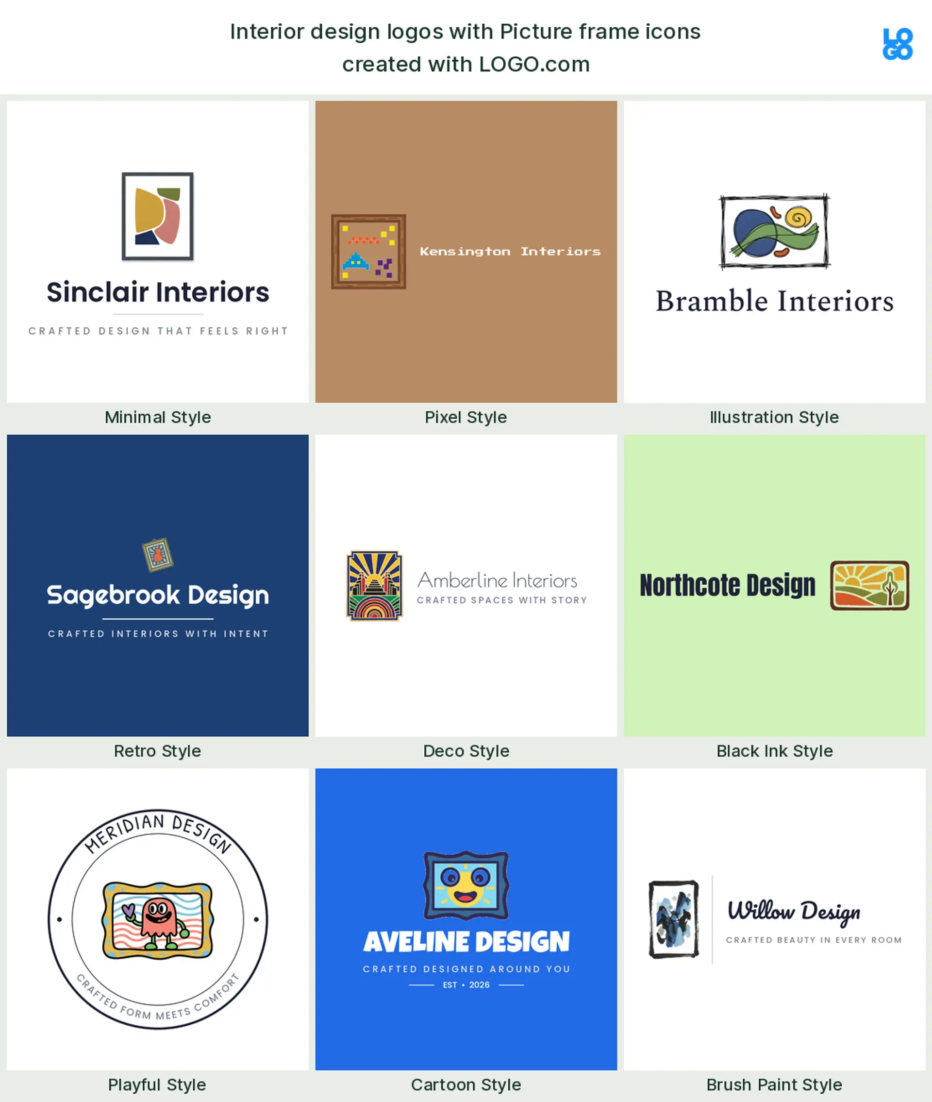 Picture frame, a popular interior design logo symbol, shown across nine styles on LOGO.com
