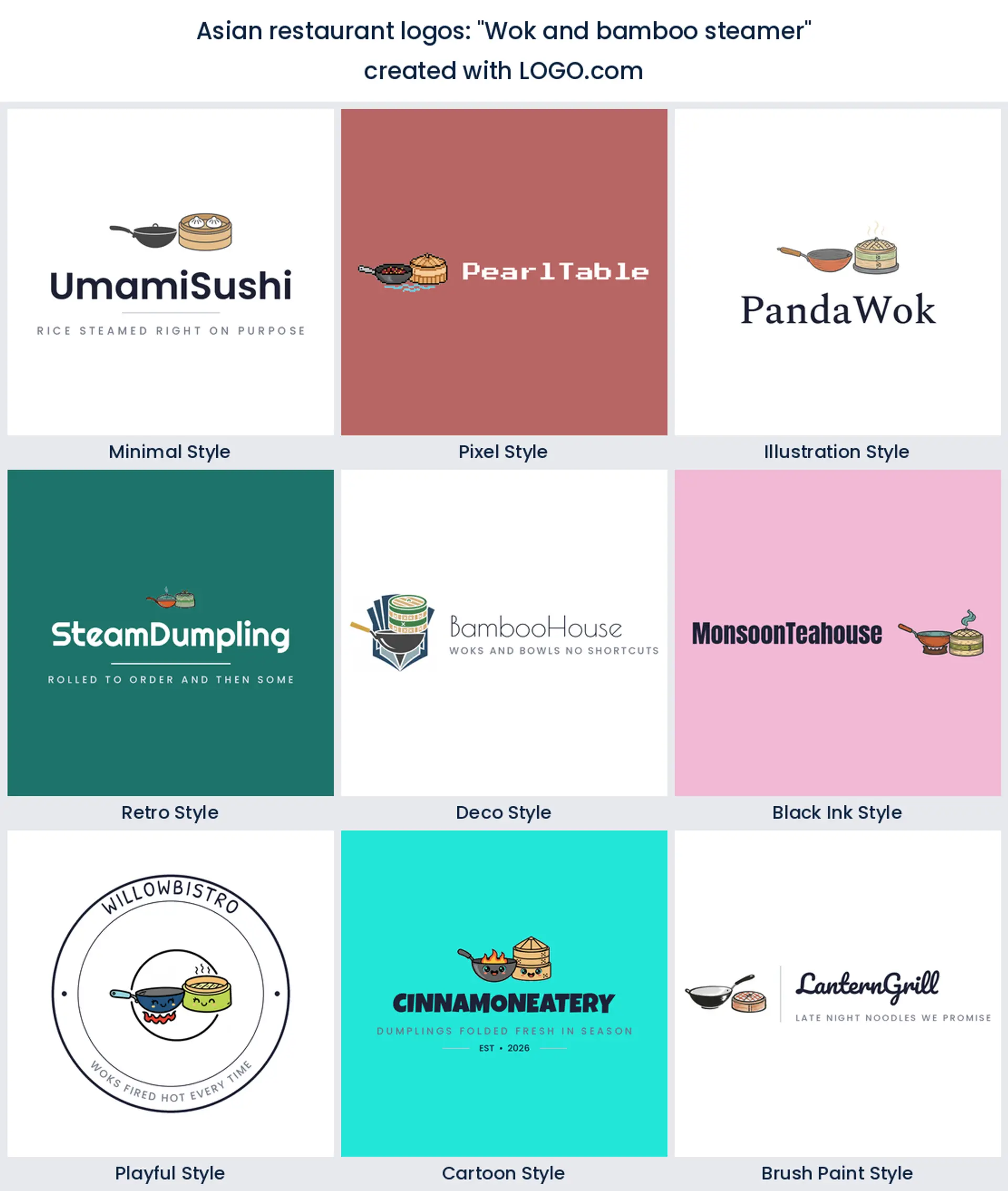 Wok and bamboo steamer Asian restaurant logo in nine styles.