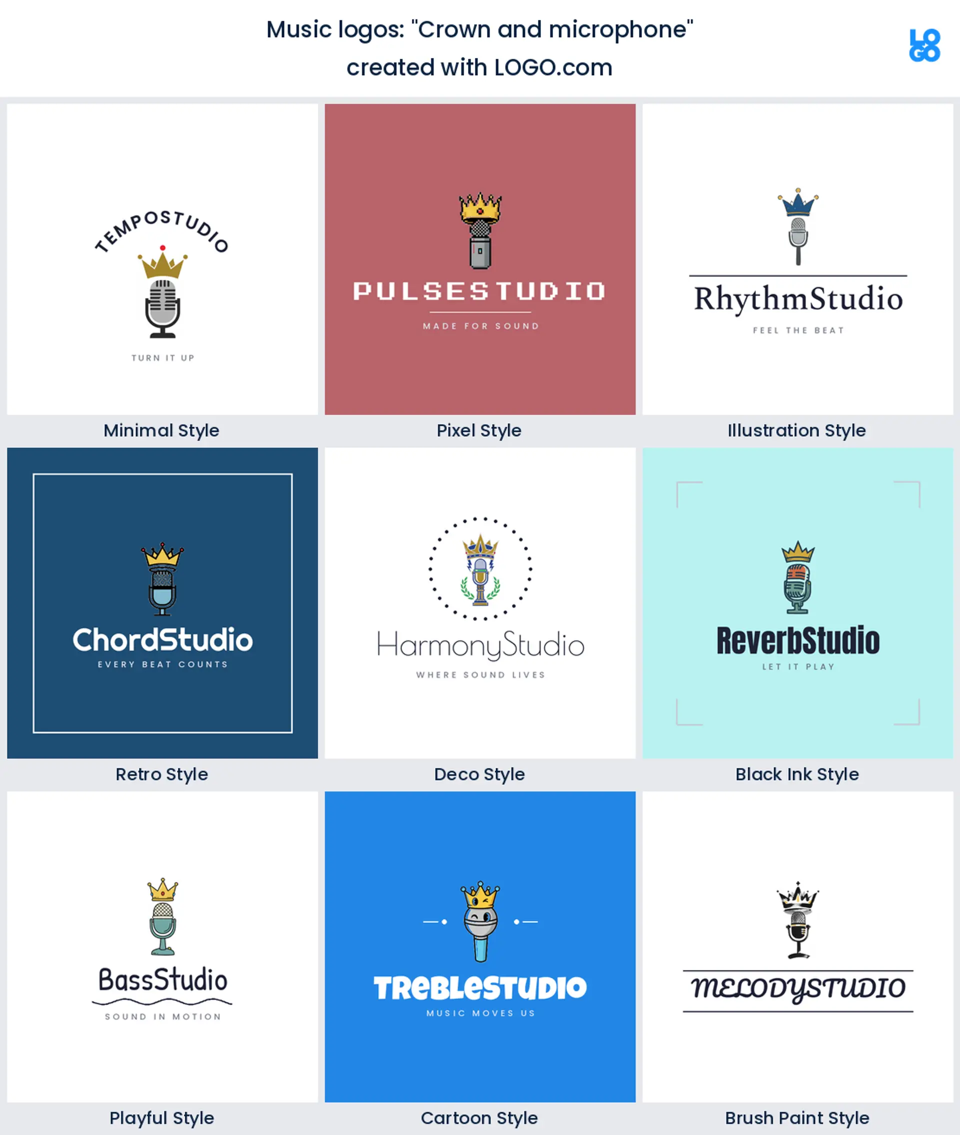Crown and microphone, a music logo idea shown in nine LOGO.com styles