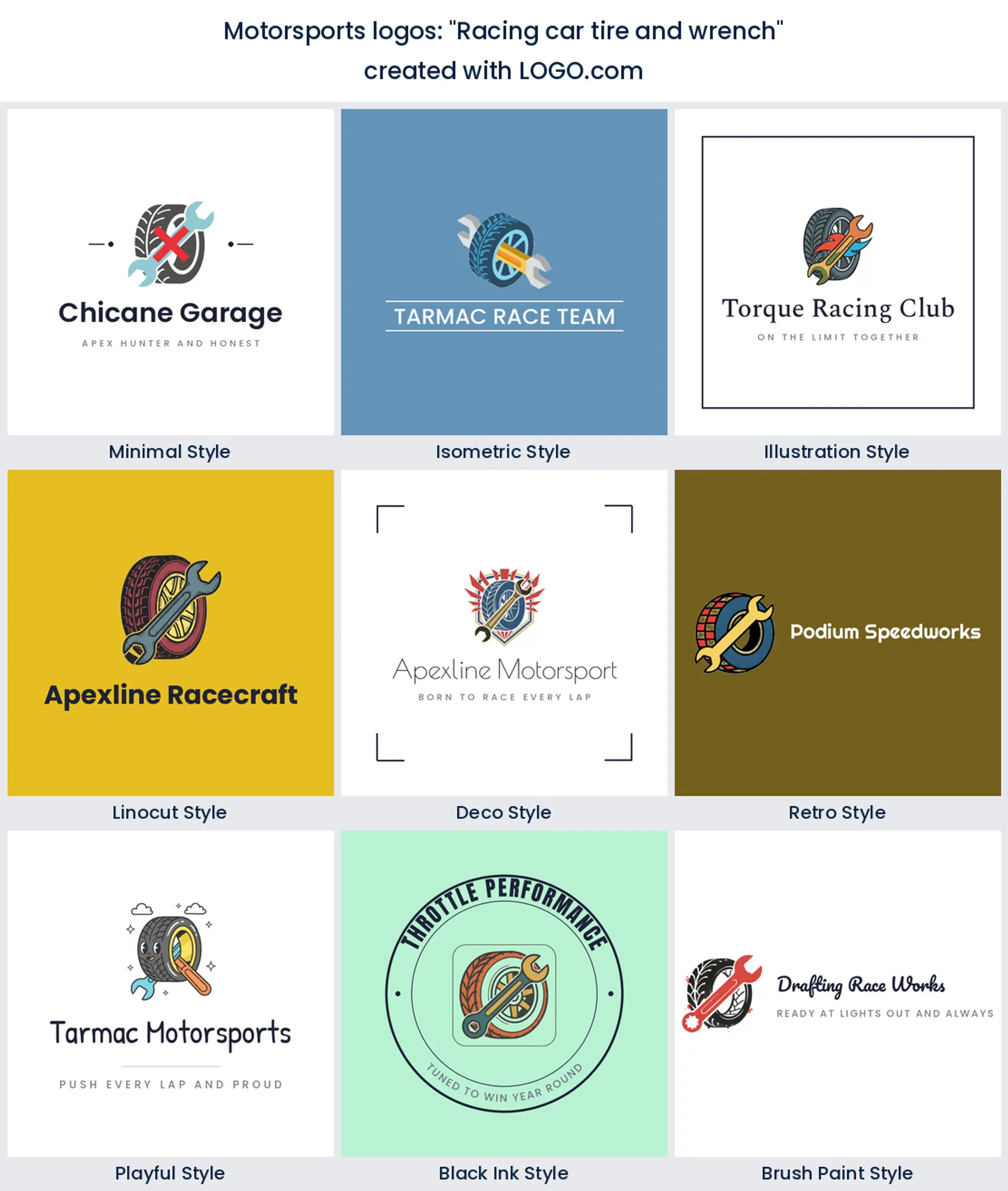 Nine race preparation logos of a tire crossed with a wrench, across nine styles.