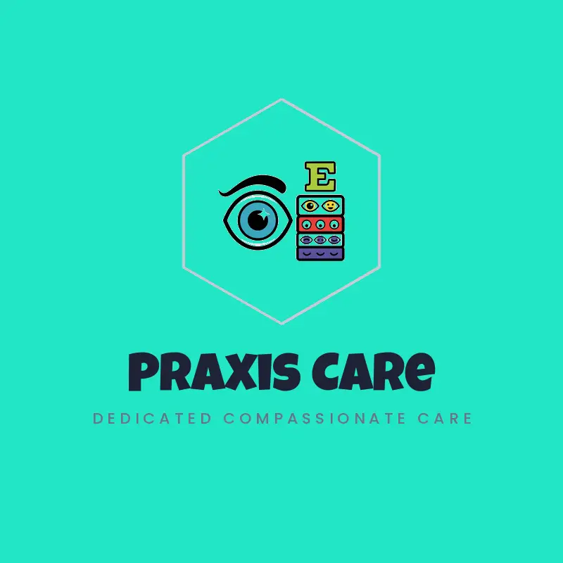 An eye beside an eye chart, a vision clinic logo in a cartoon style