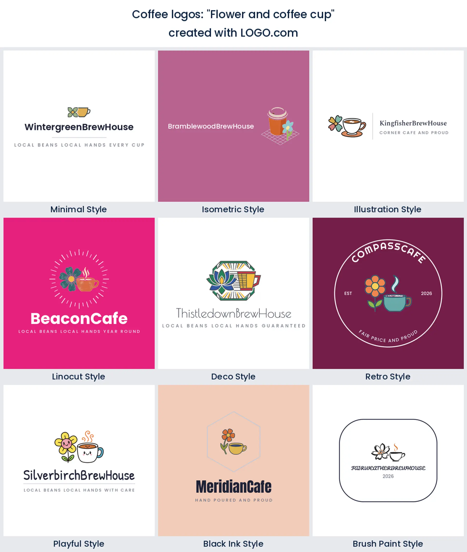 Flower and coffee cup coffee logo idea shown in nine LOGO.com styles