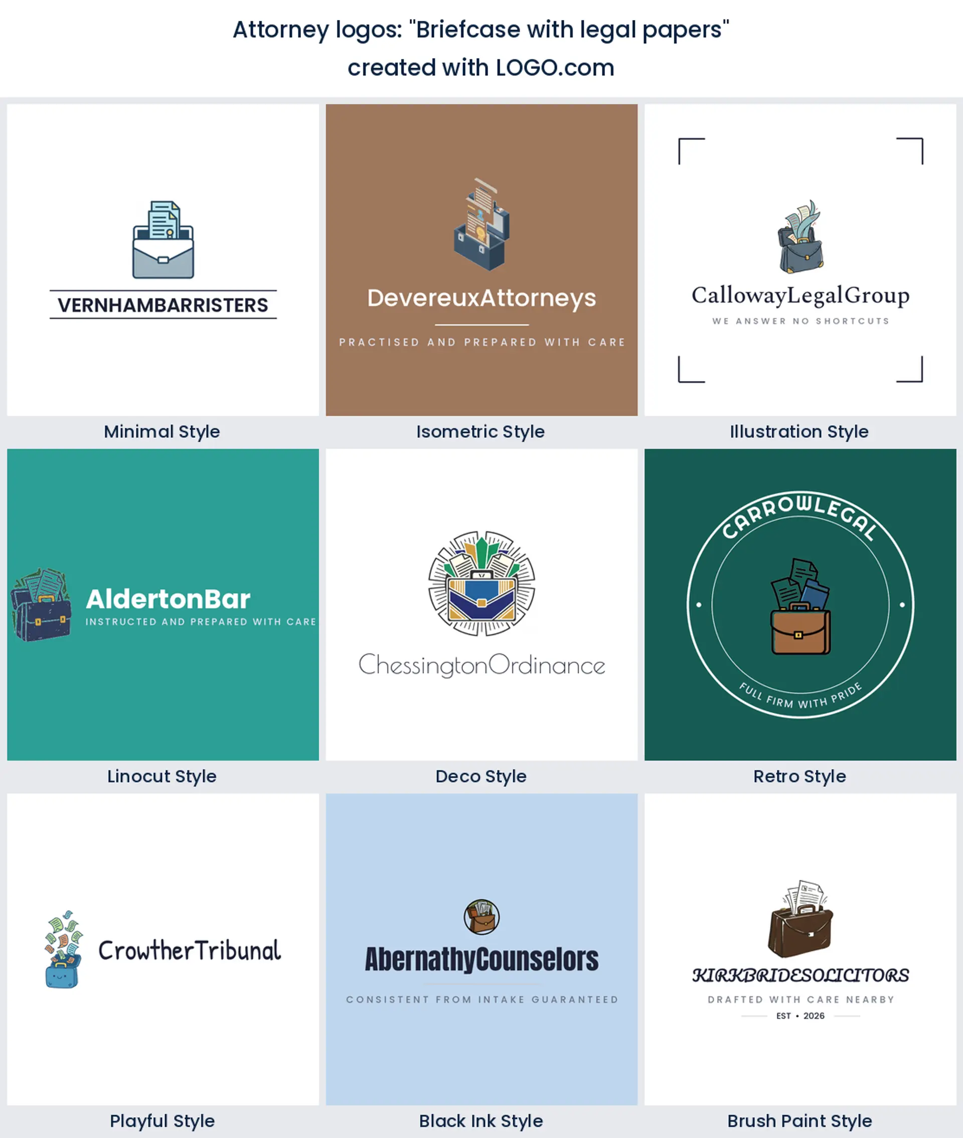 Nine styles of law office logo with papers rising out of an open briefcase