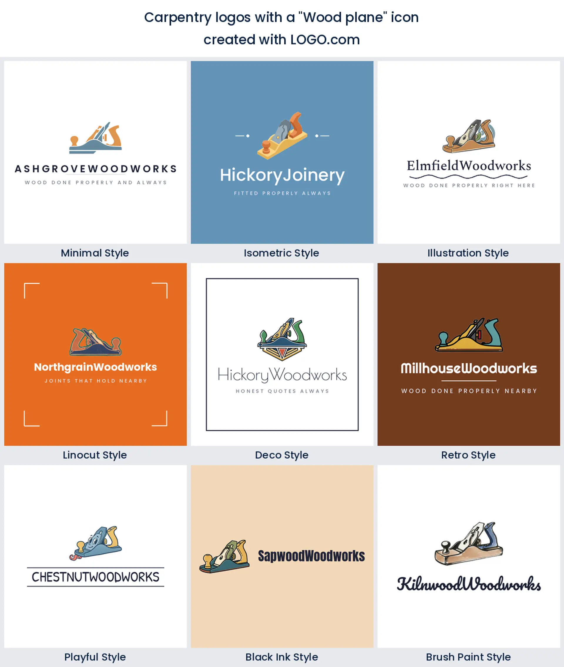 Wood plane carpentry logo shown across nine LOGO.com styles