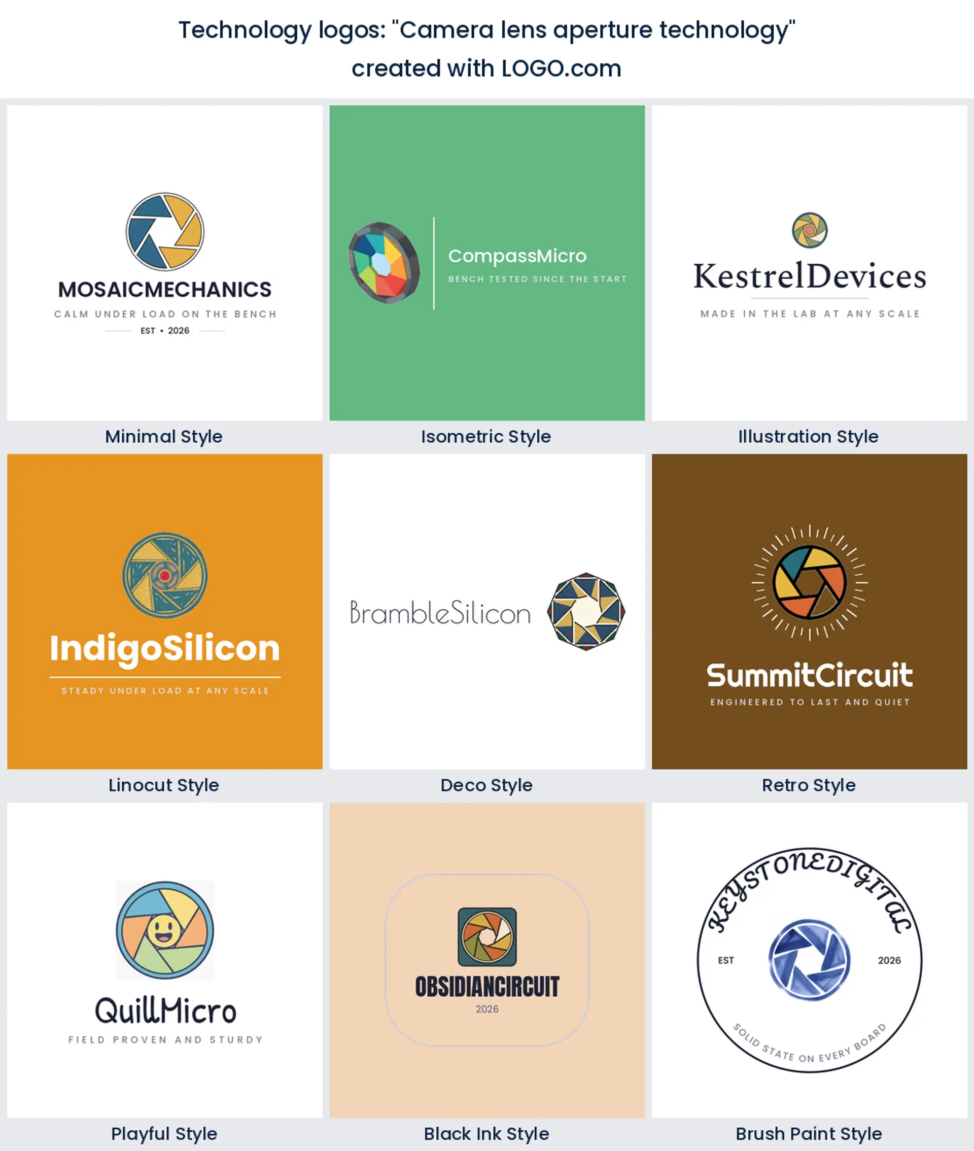 Camera lens aperture technology logo in nine styles.