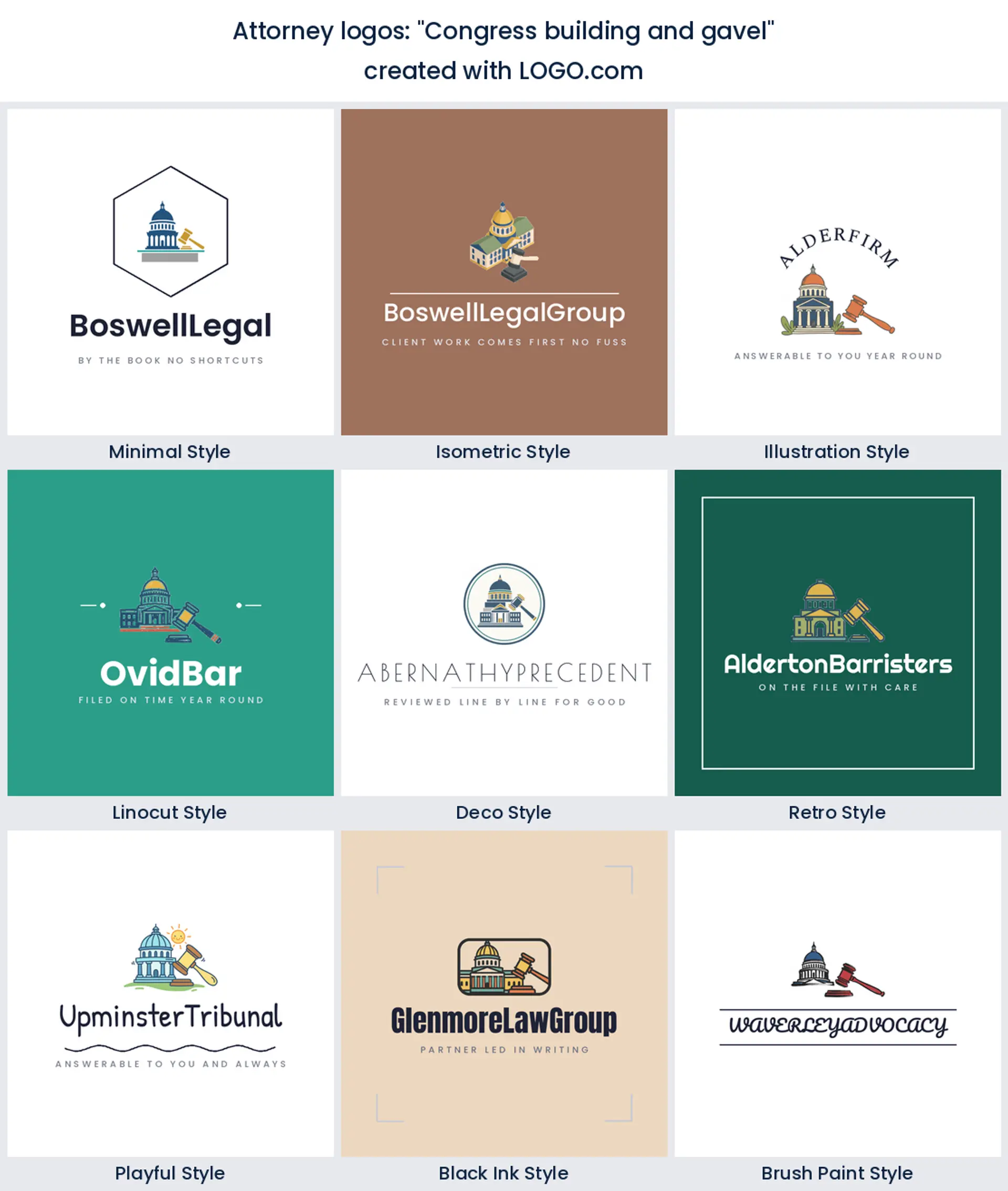 Nine styles of law office logo with a domed capitol building beside a gavel