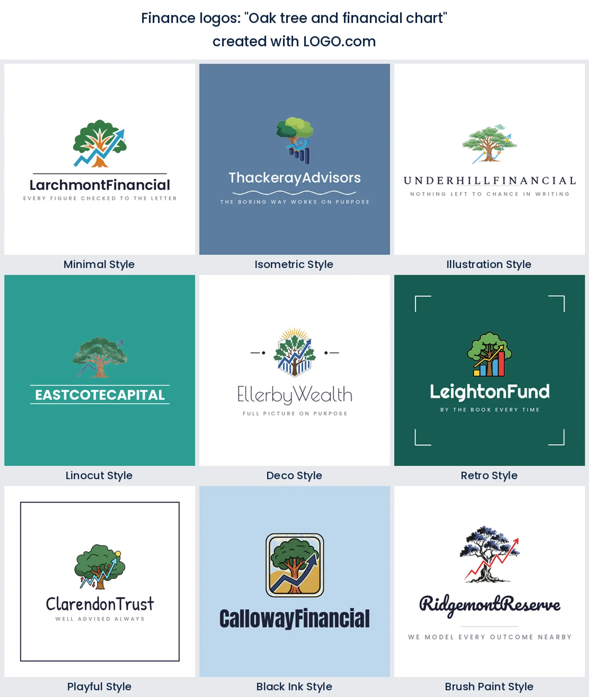 Nine styles of investment logo with a broad oak tree behind a climbing chart