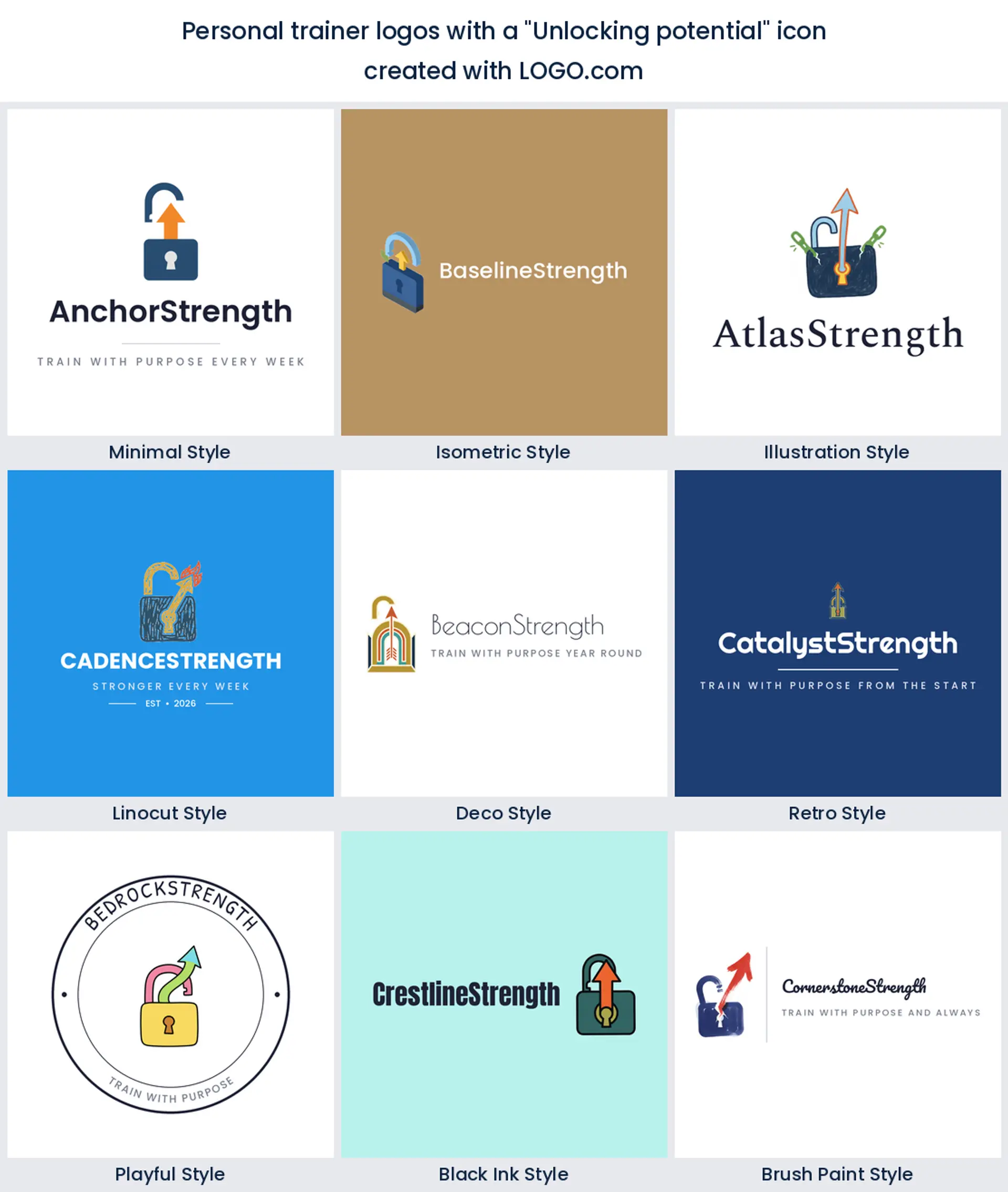 Open padlock and key personal training logo shown across nine LOGO.com styles
