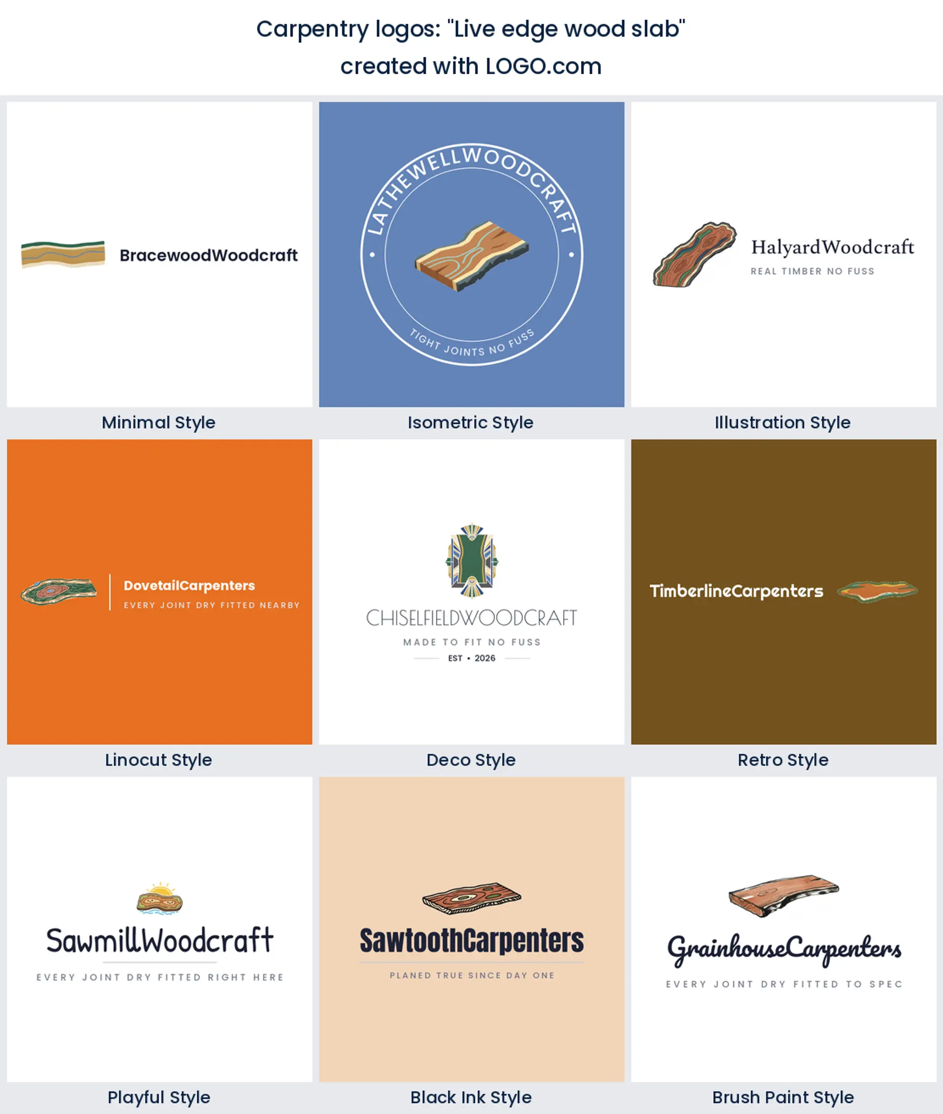 Live edge wood slab logo shown across nine LOGO.com styles