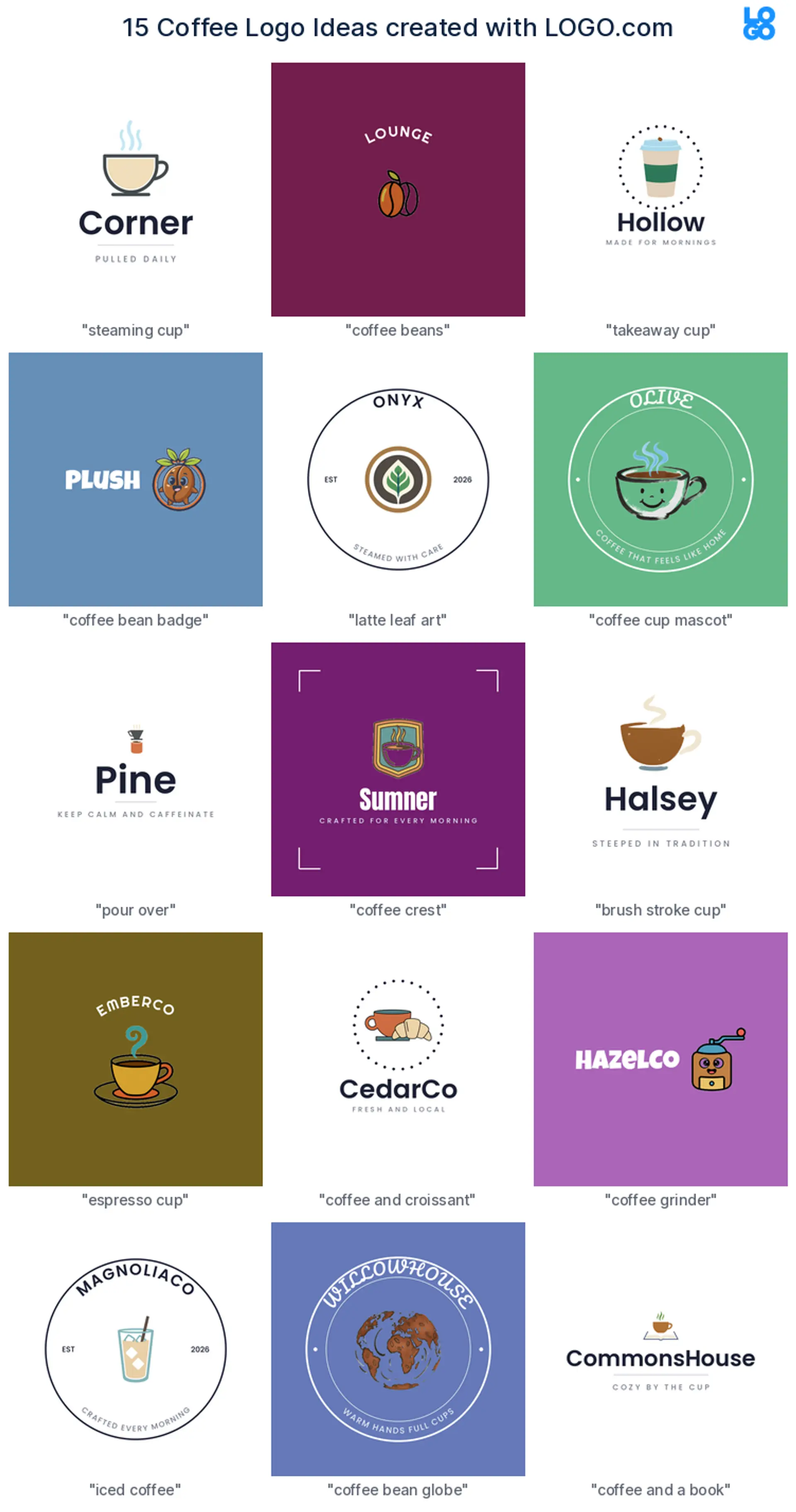 Fifteen coffee shop logo ideas shown across nine LOGO.com styles
