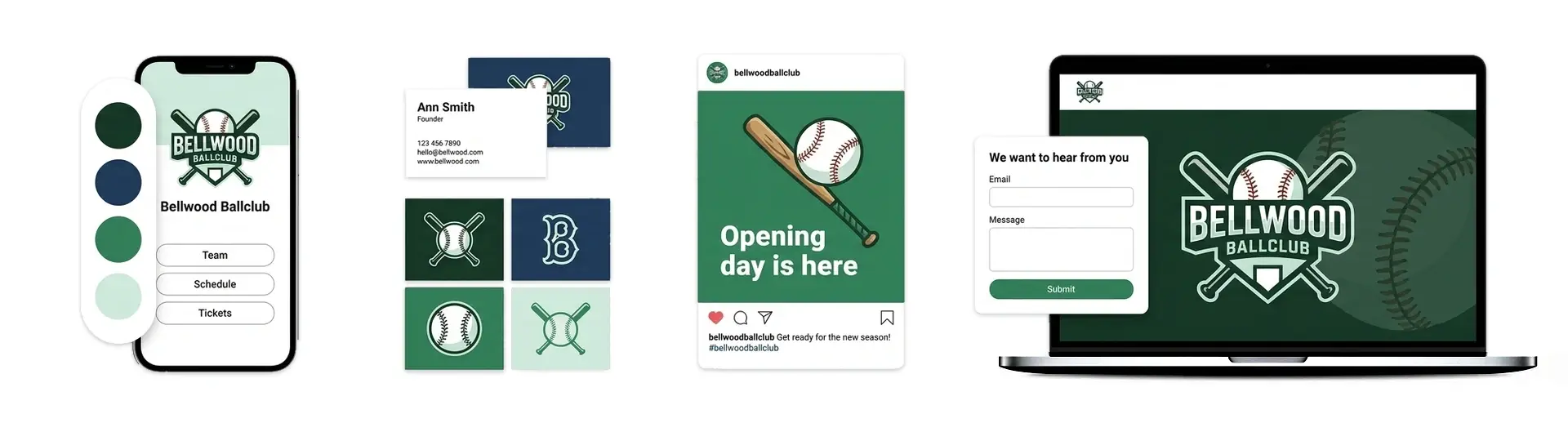 Baseball logo maker showcase brand kit shown on a cap, a phone, and a team website