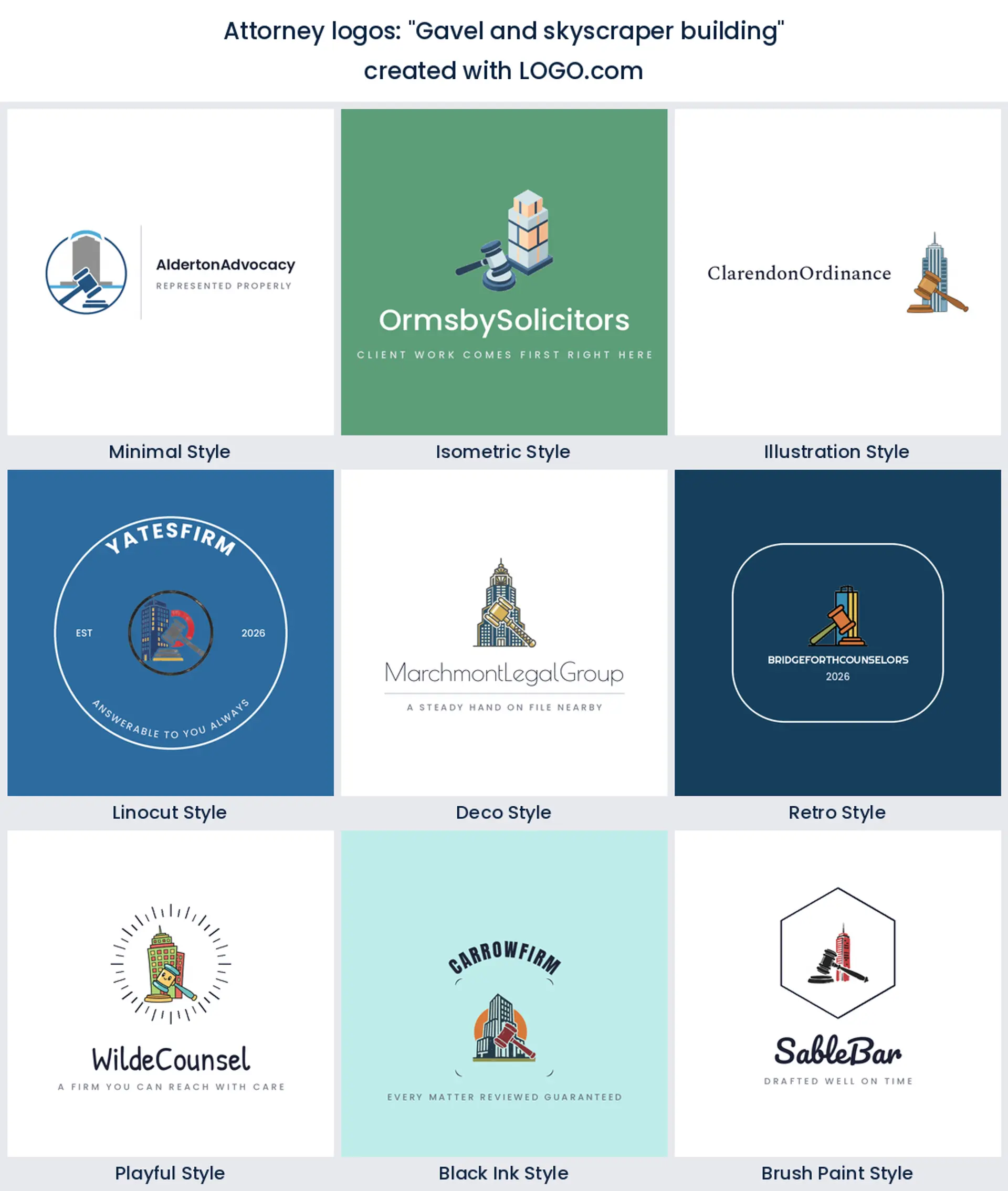 Nine styles of legal firm logo with a gavel in front of a tall office tower