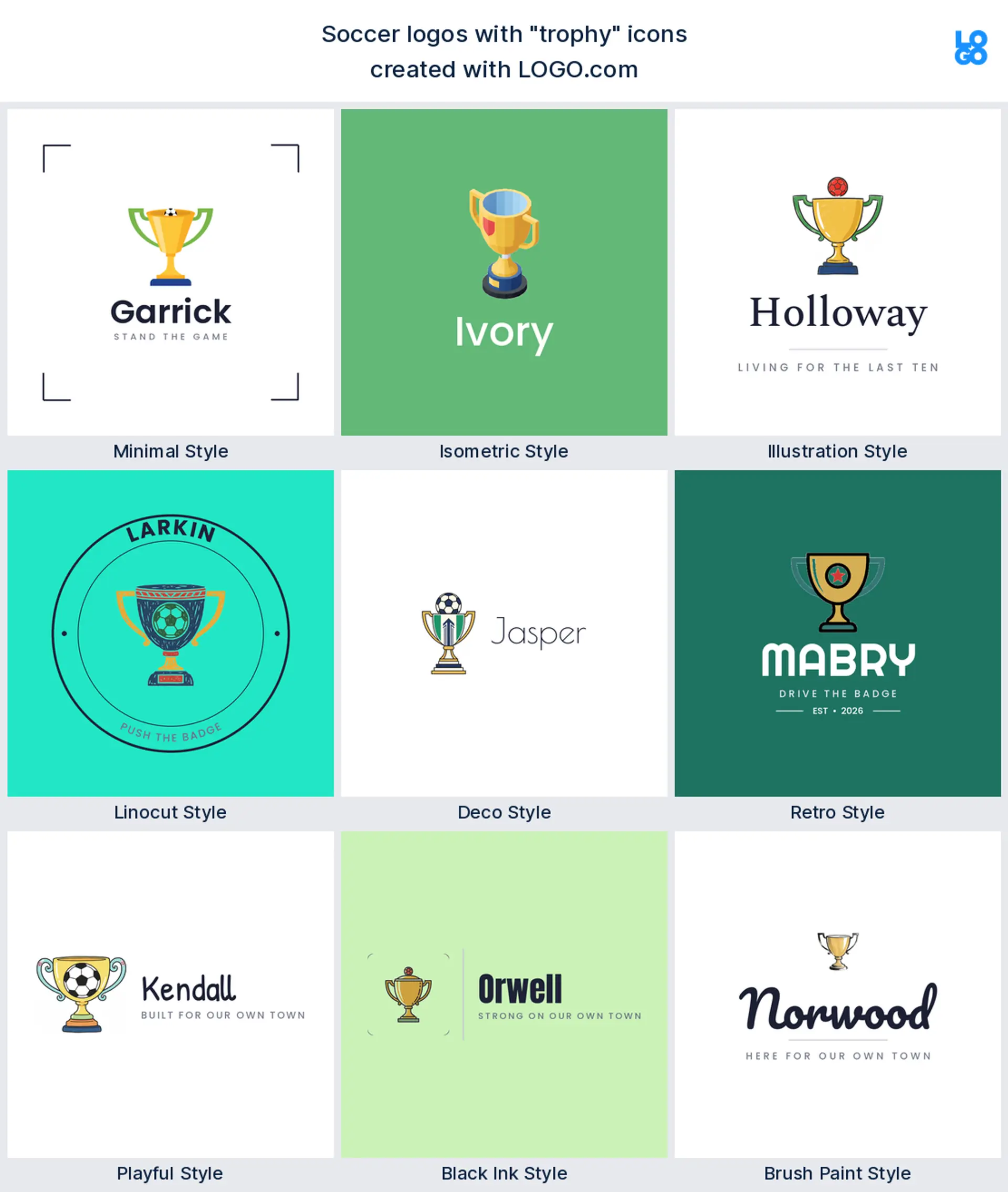 Trophy soccer logo shown in nine LOGO.com styles