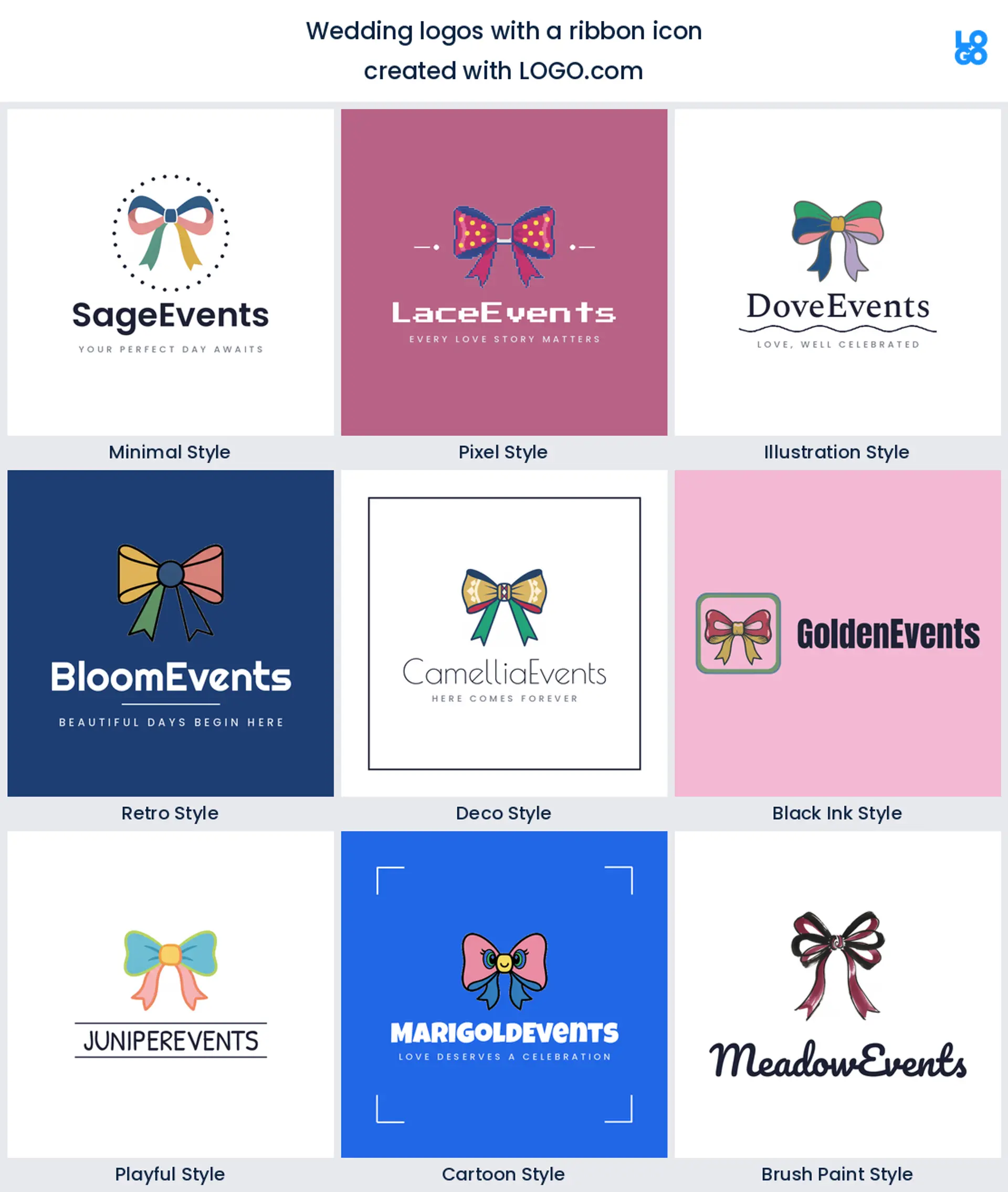Ribbon bow wedding logo shown in nine LOGO.com styles