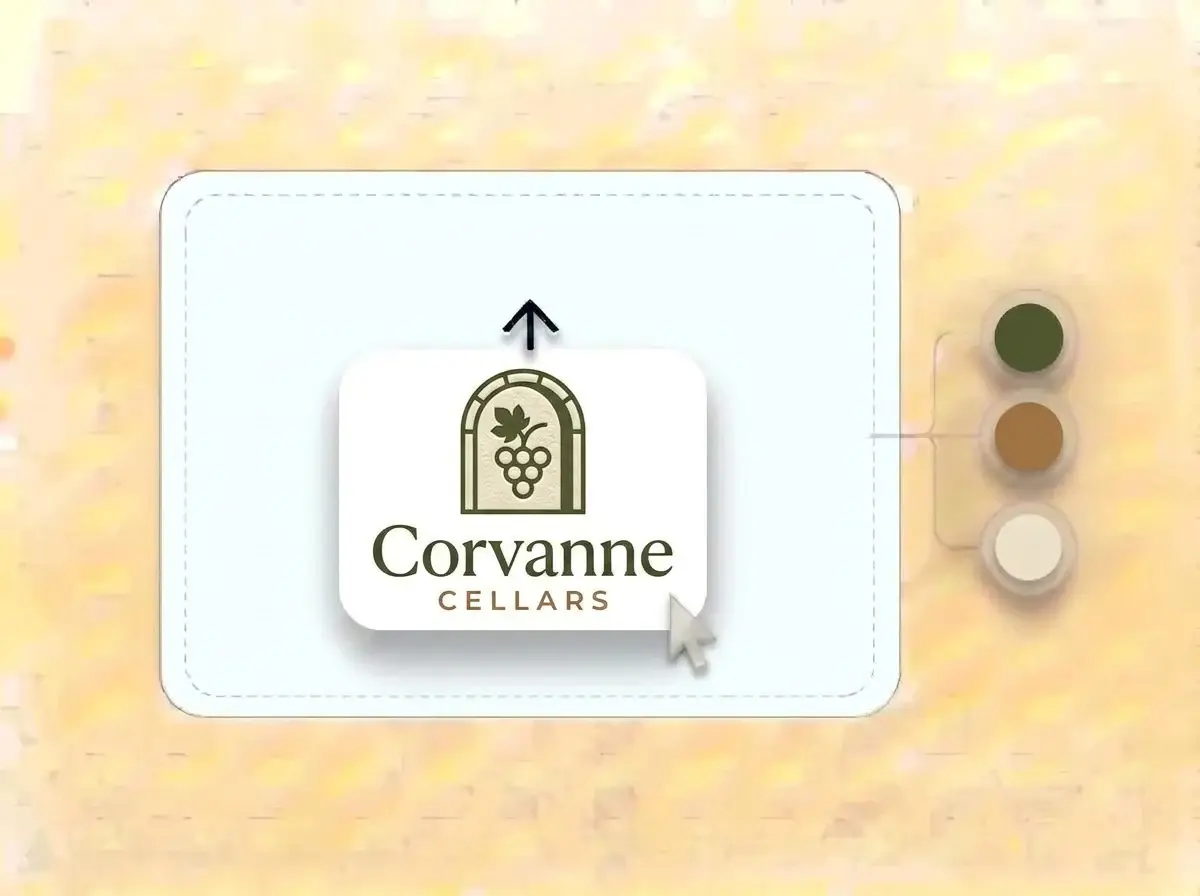 Corvanne Cellars logo, a grape cluster with a leaf inside an arched cellar doorway in olive green and oak brown on a white card, dropped into the LOGO.com upload box with its colors pulled out as swatches