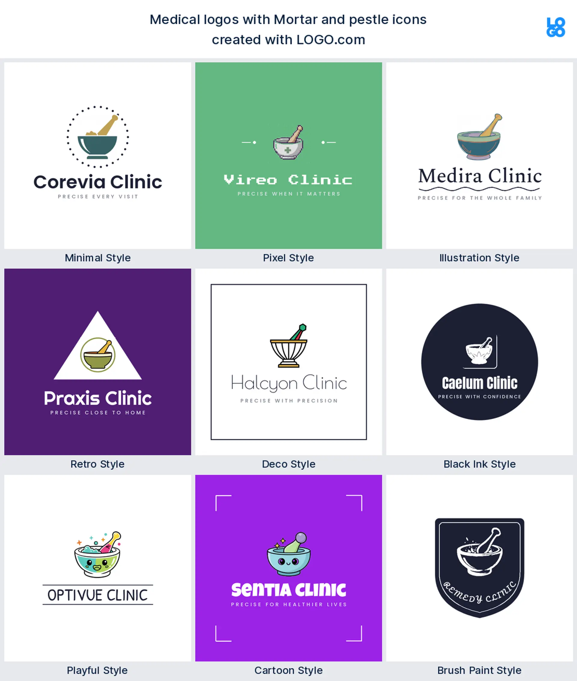 Mortar and pestle shown across nine LOGO.com medical logo styles