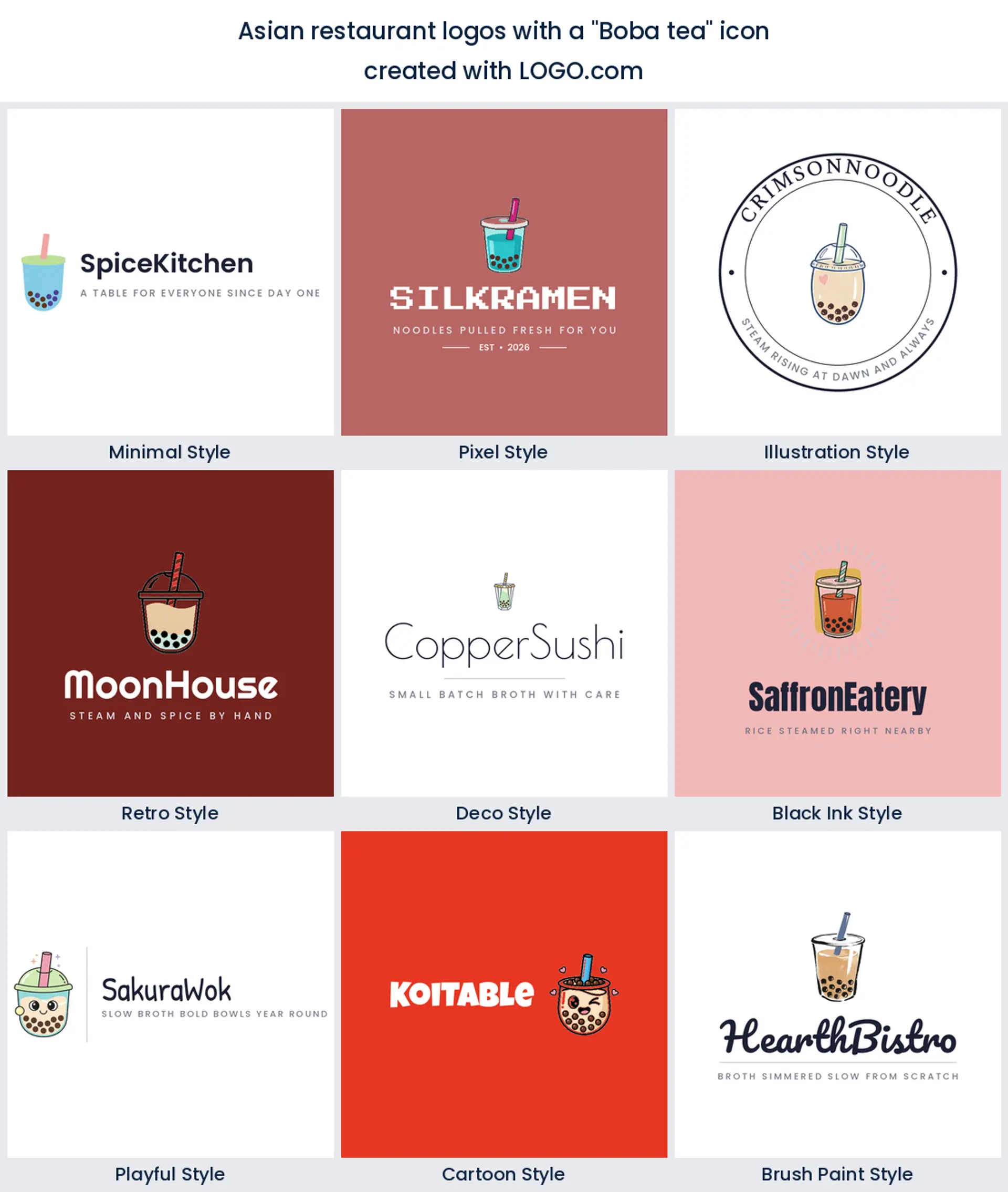 Boba tea Asian restaurant logo shown in nine LOGO.com styles.