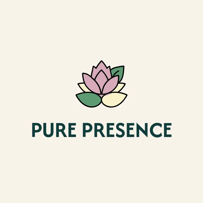 The yoga studio name Pure Presence as a branded logo with a color icon
