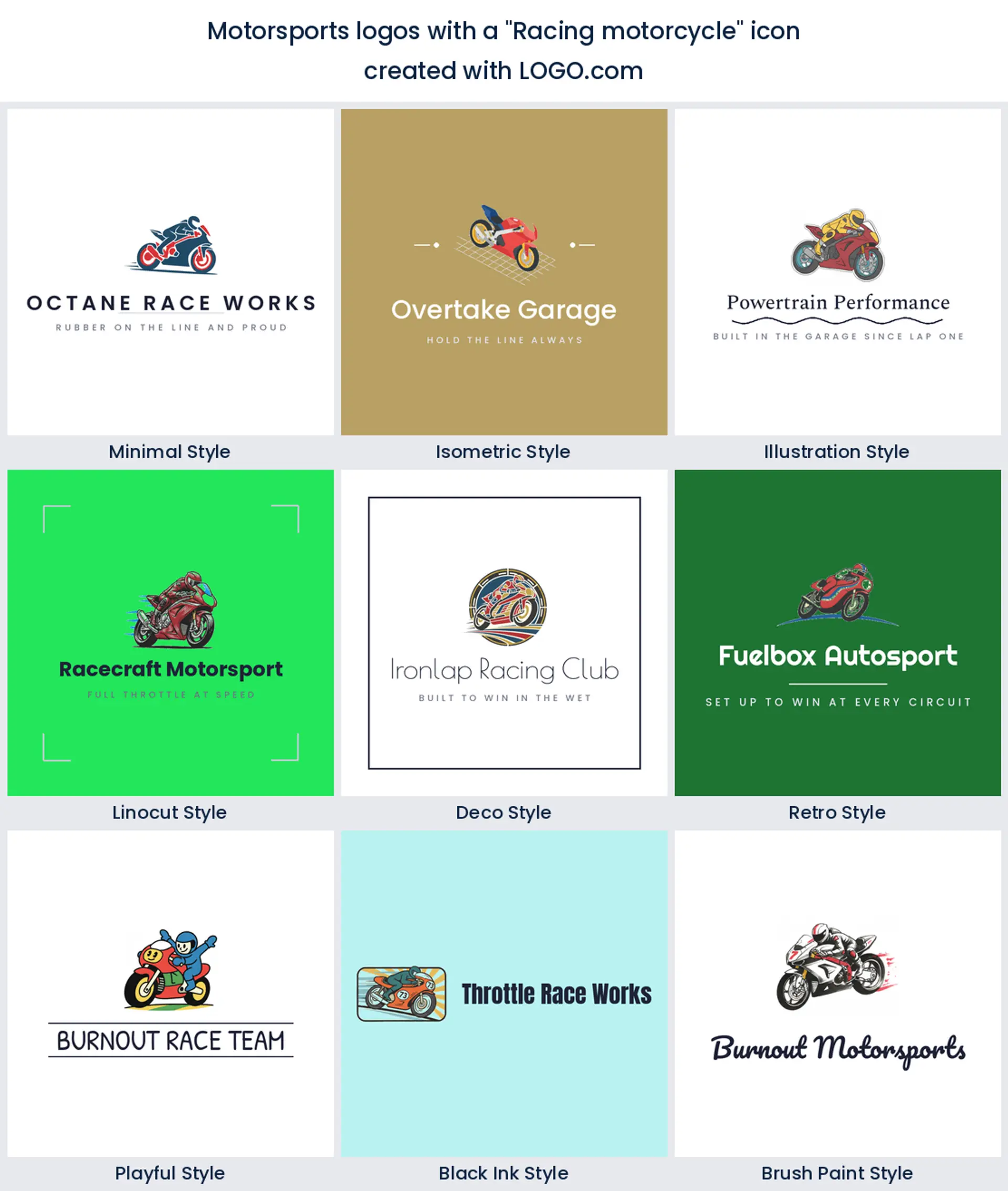 Nine motorcycle racing logos with a bike leaning into a corner, across nine styles.