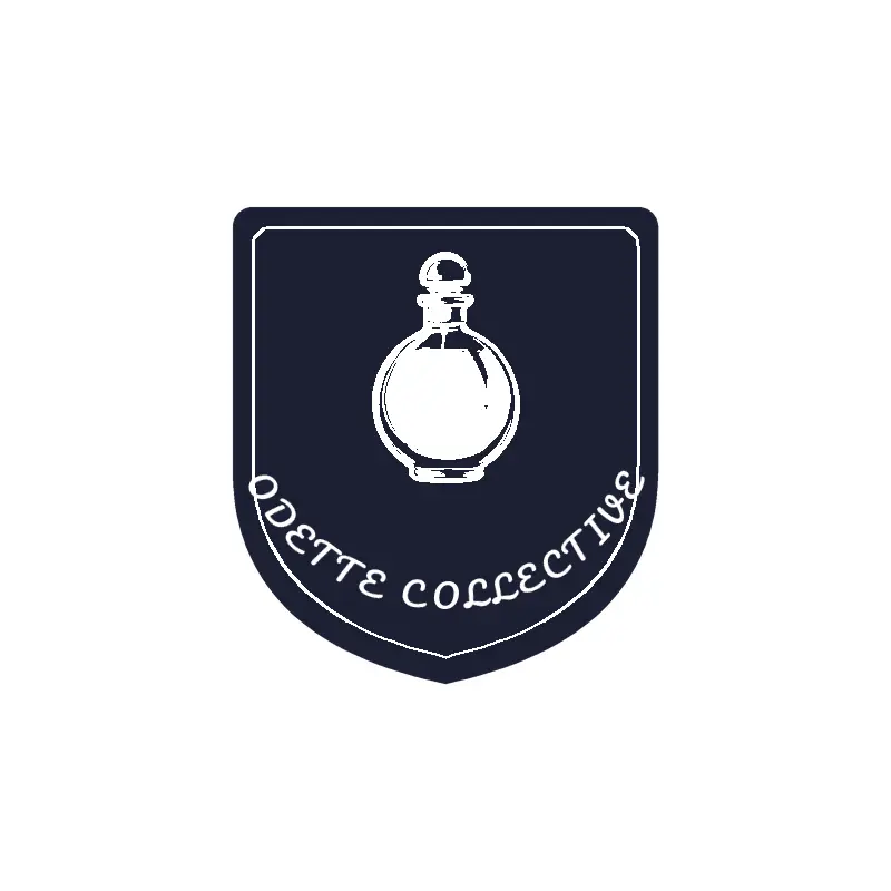 A glass perfume bottle, a boutique lifestyle logo in a brush paint style