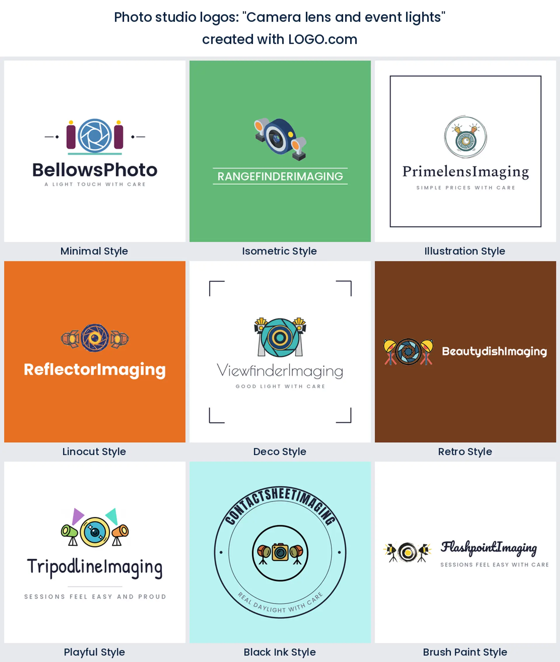 Photo studio logos from the prompt camera lens and event lights in nine styles