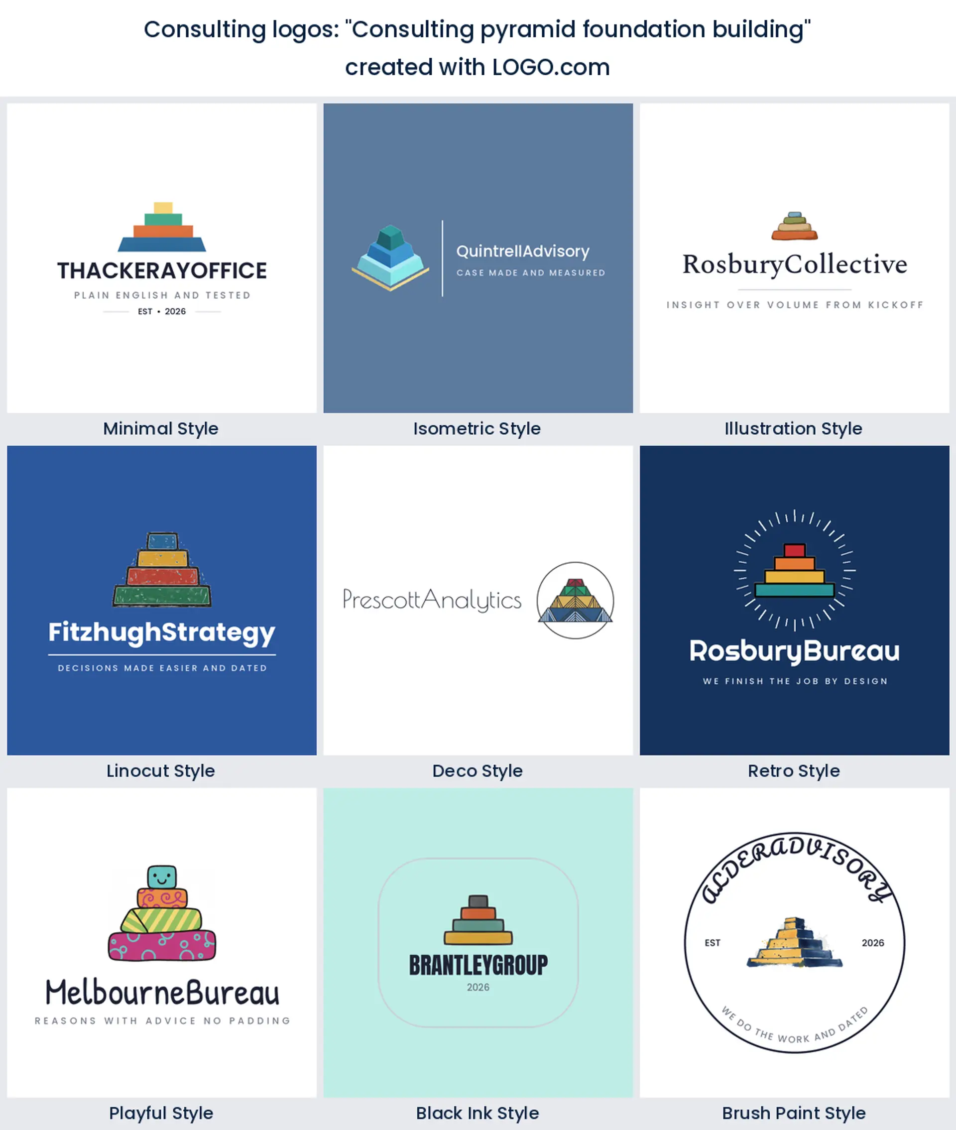 Nine styles of consulting logo with a stepped pyramid of four stacked blocks