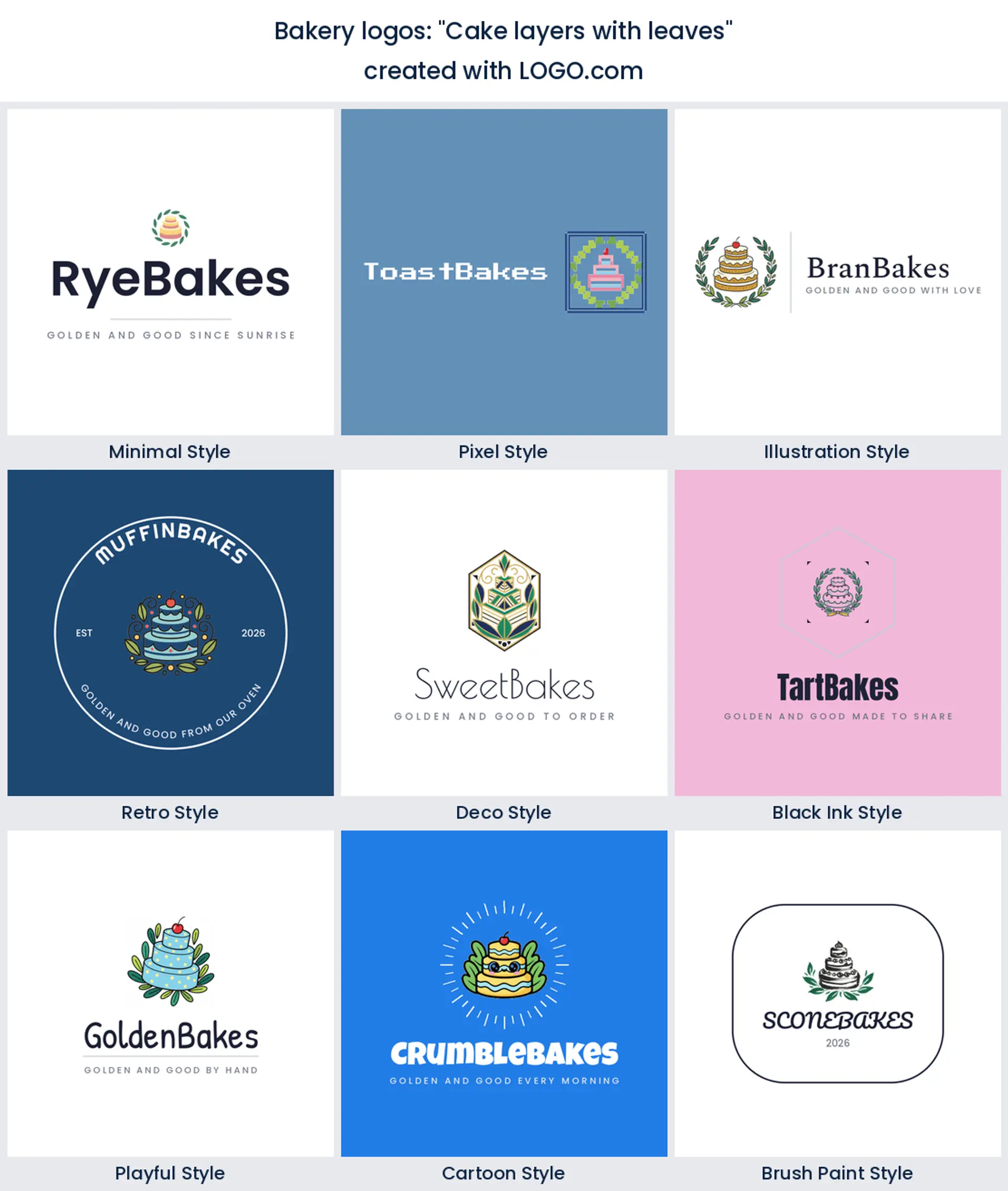 Cake layers with leaves bakery logo in nine styles.