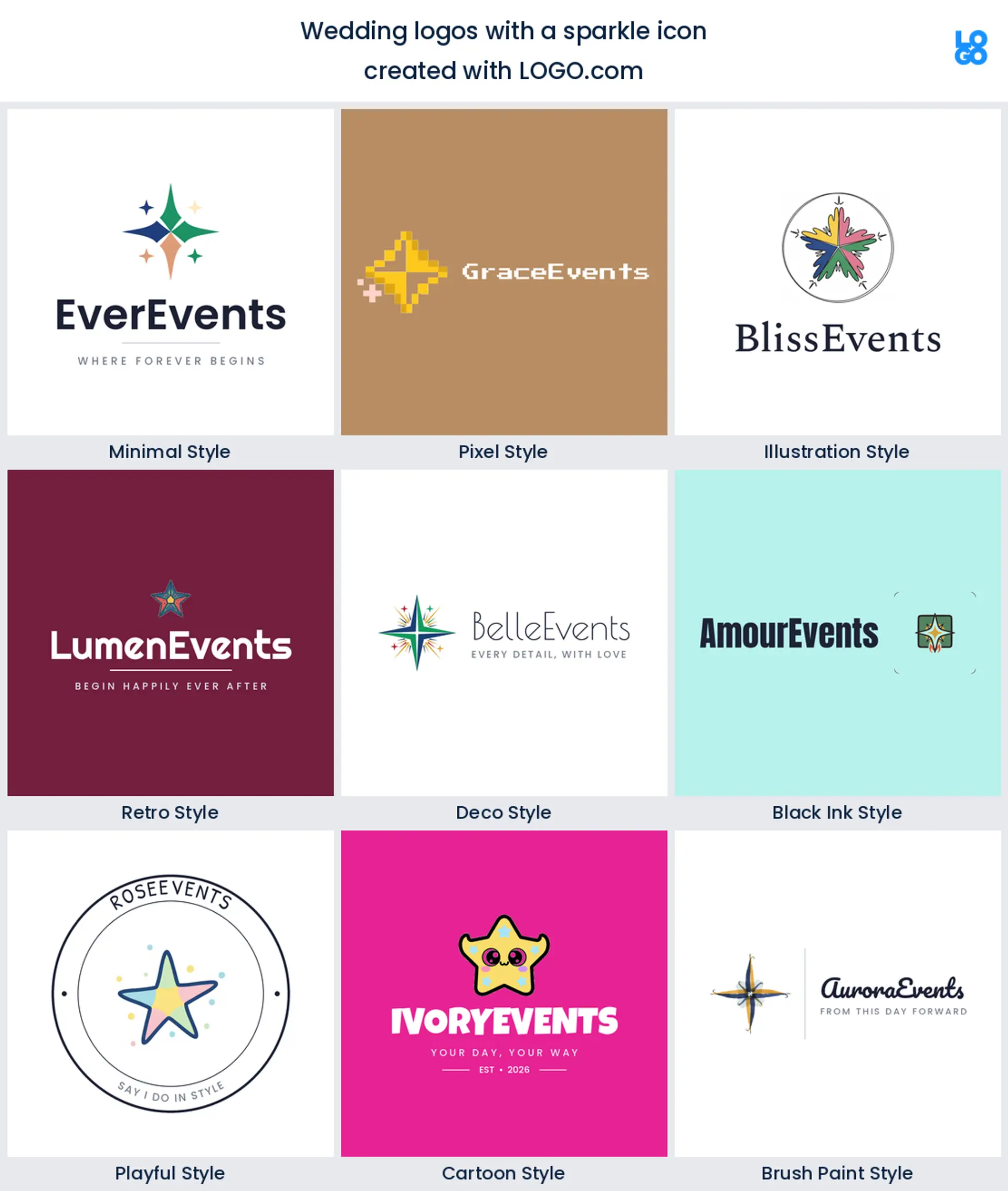 Sparkle wedding logo shown in nine LOGO.com styles