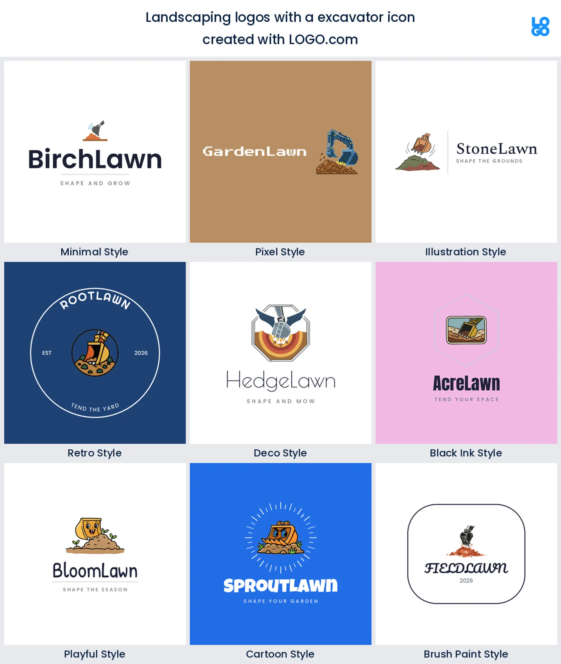 Excavator landscaping logo shown in nine LOGO.com styles