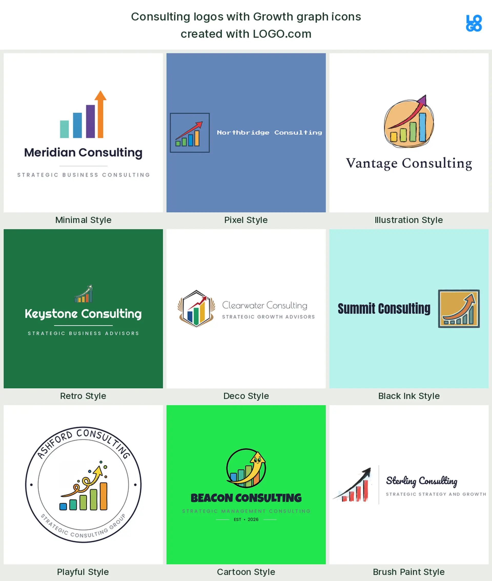 Growth graph, a popular consulting logo symbol, shown across nine styles on LOGO.com