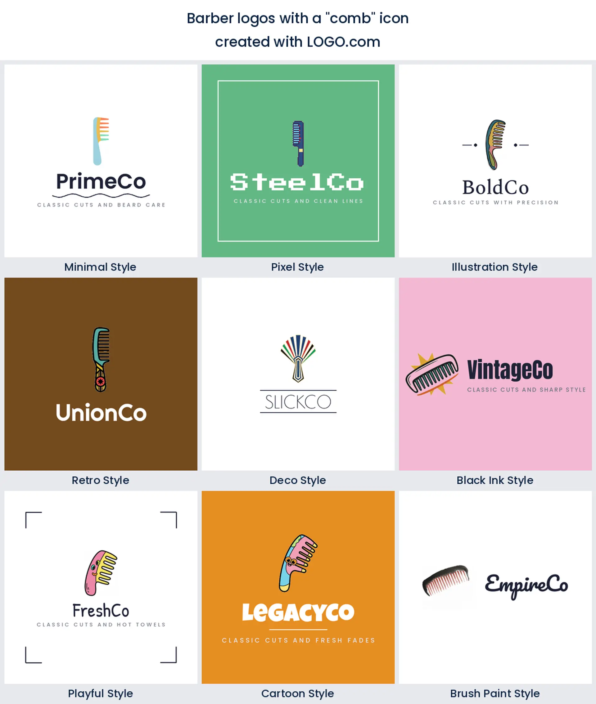 Comb barber logo shown in nine LOGO.com styles.