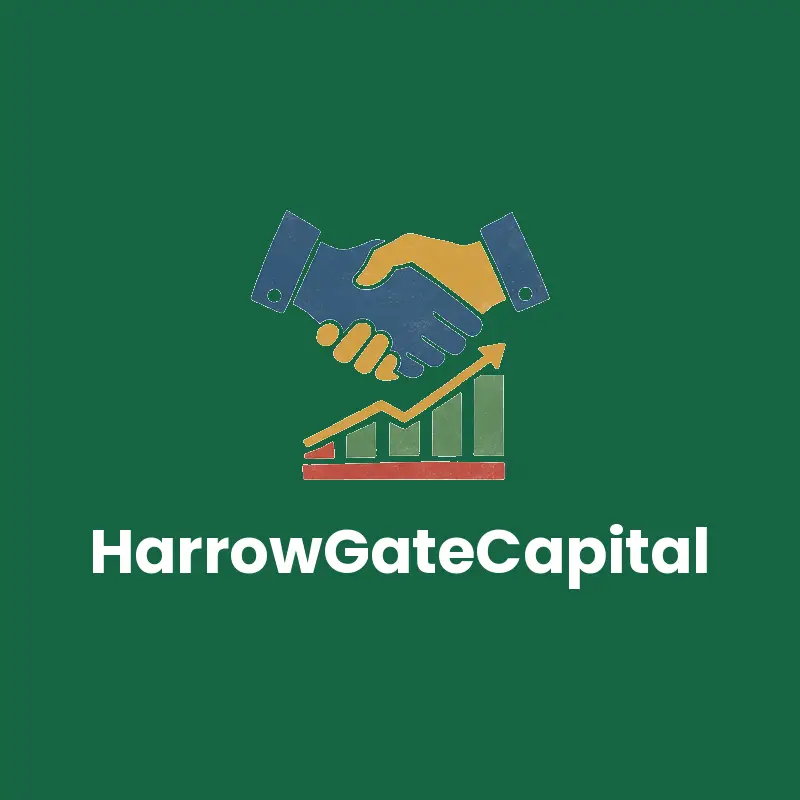 Linocut financial services logo for HarrowGateCapital with two hands meeting above a rising chart on forest green