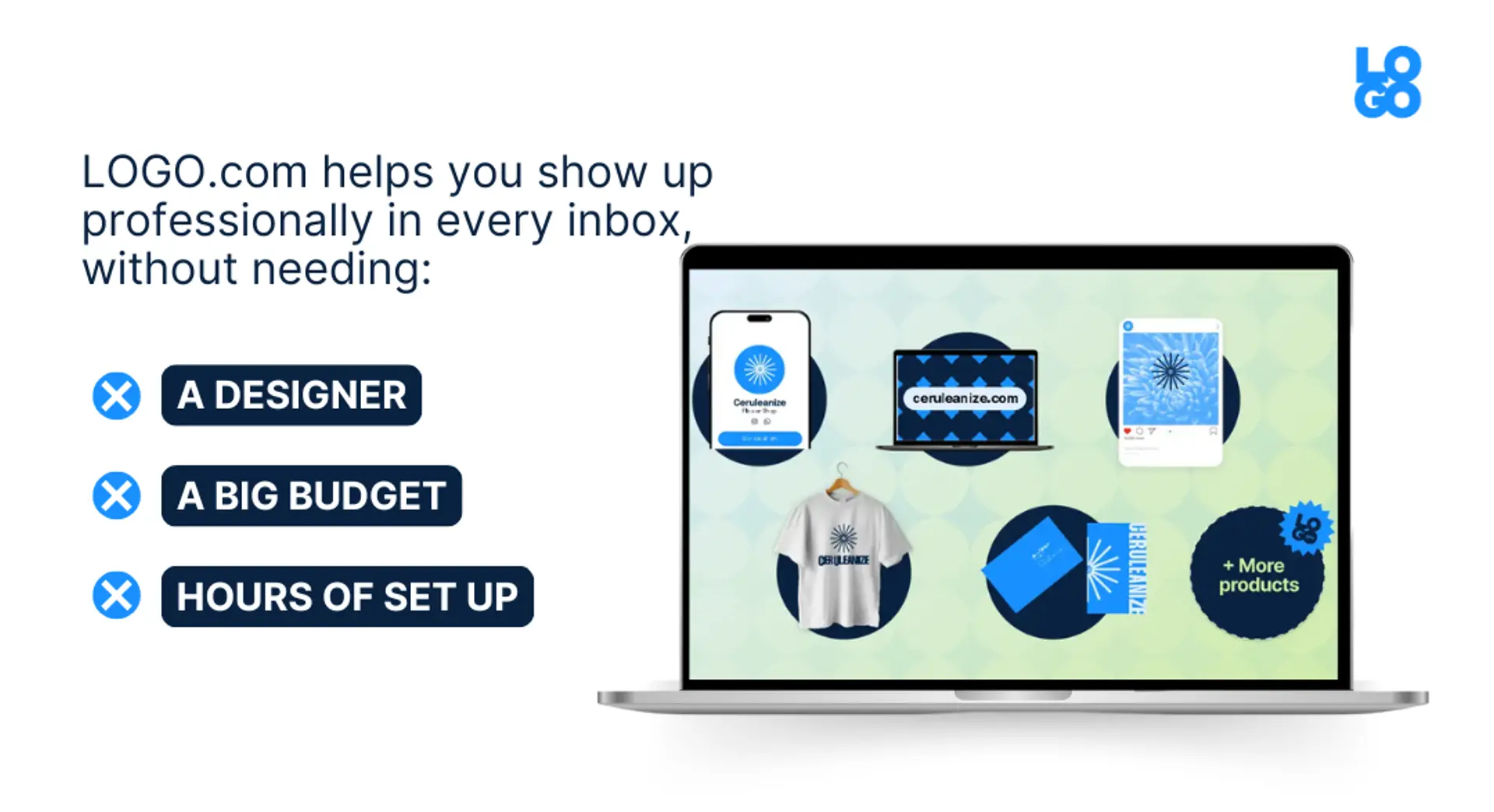 LOGO.com showing branded products like website, t-shirt, business cards, and social media with message: No designer, budget, or setup needed