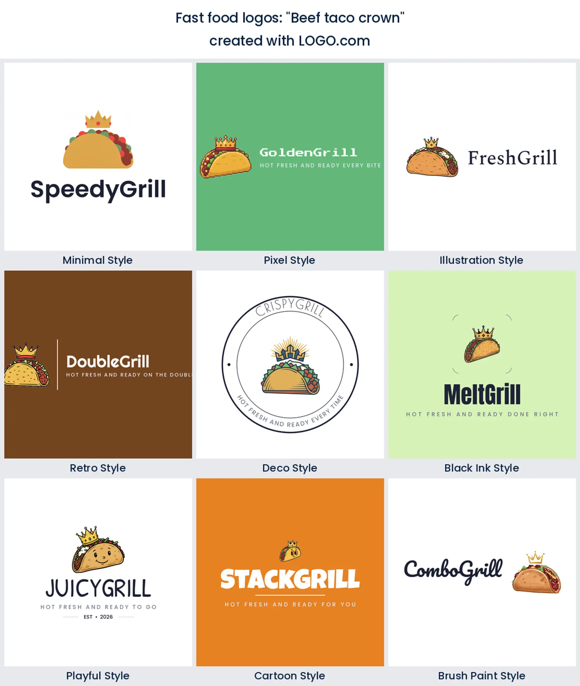 Beef taco with a crown logo in nine styles.