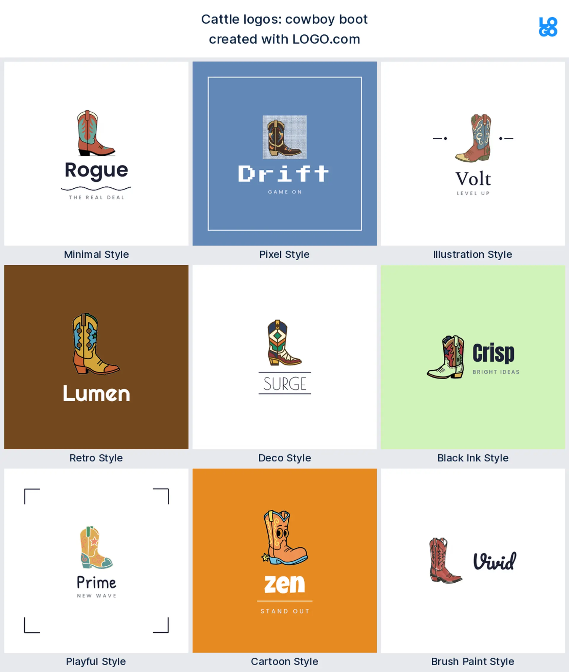 Cowboy boot illustrated cattle logo shown in nine LOGO.com styles