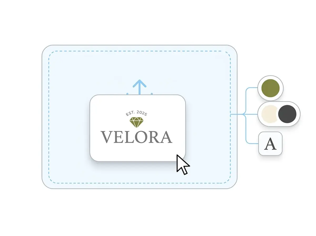 Velora logo being dropped into the AI website builder upload box, with its colors and fonts picked out