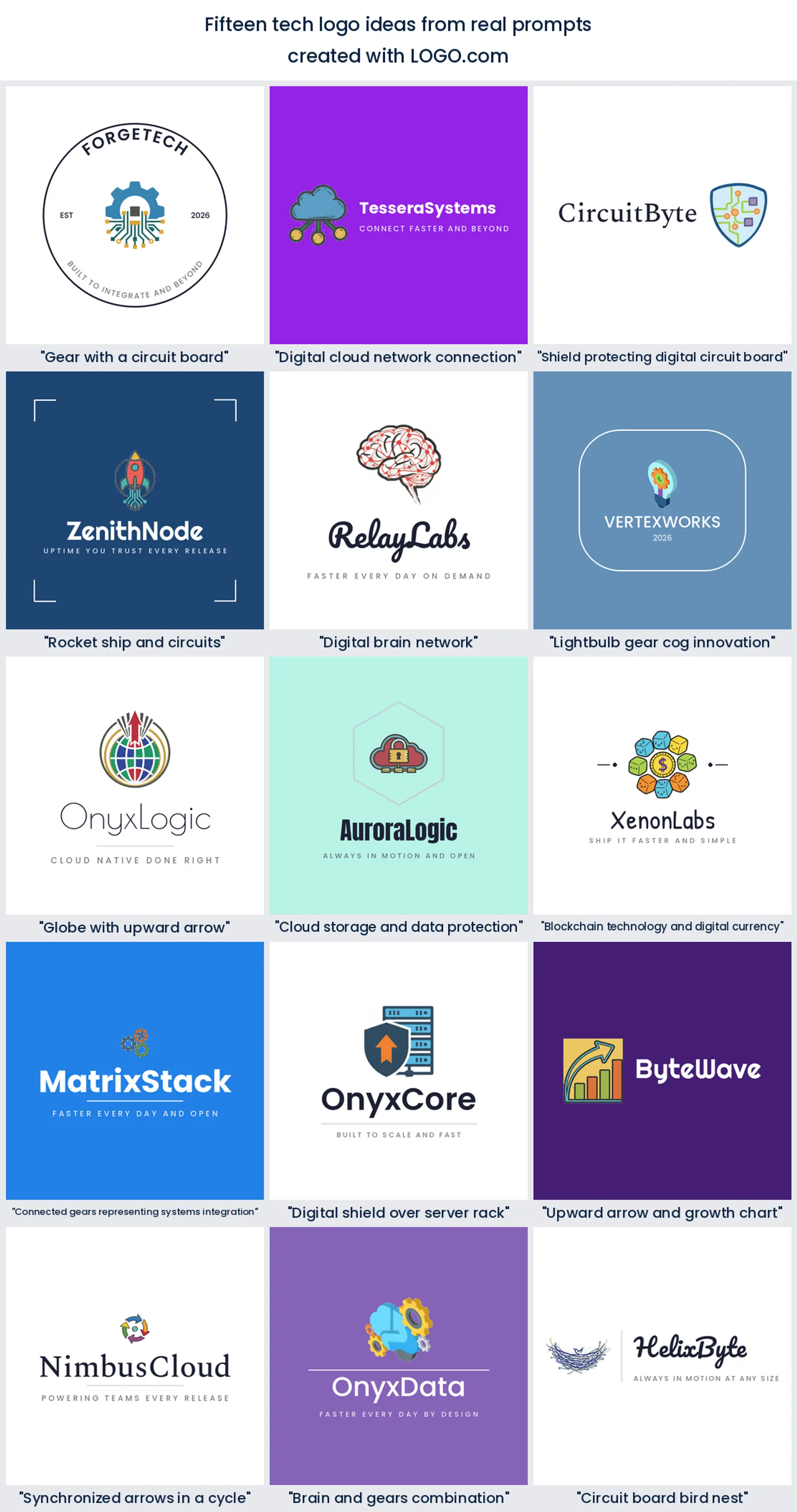 Fifteen tech logo ideas shown across nine LOGO.com styles.