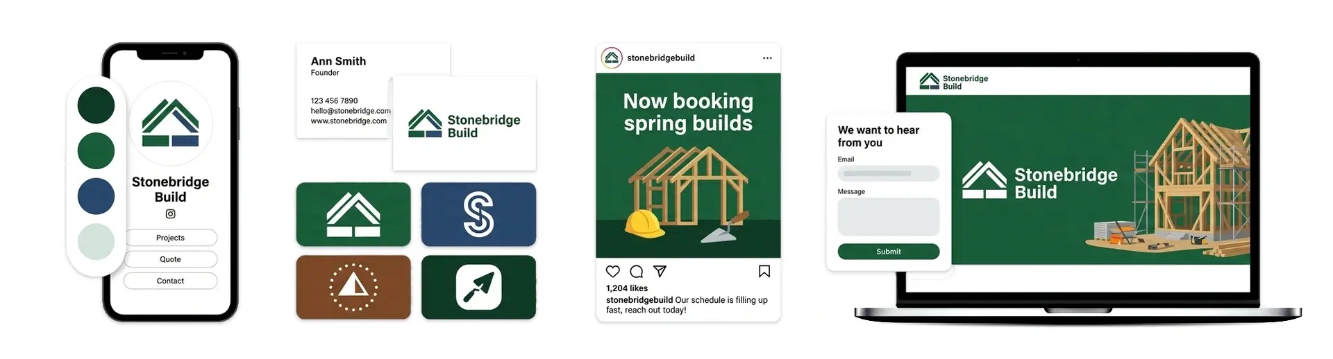 Construction logo brand kit shown on a phone, a business card, and a website mockup
